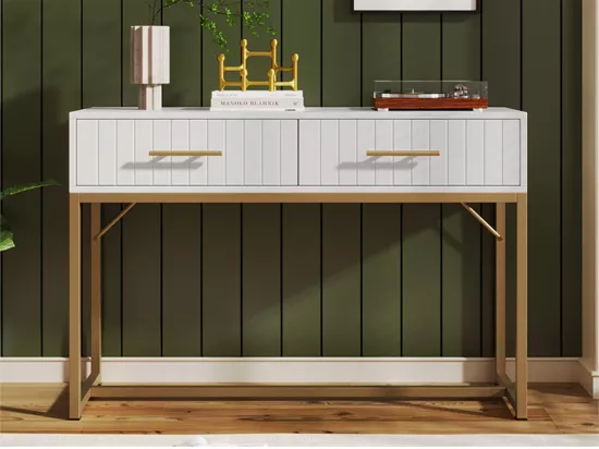 Coiffeuse décorée de rayures verticales - H 75 cm - avec 2 tiroirs et piètement en métal - Blanc
