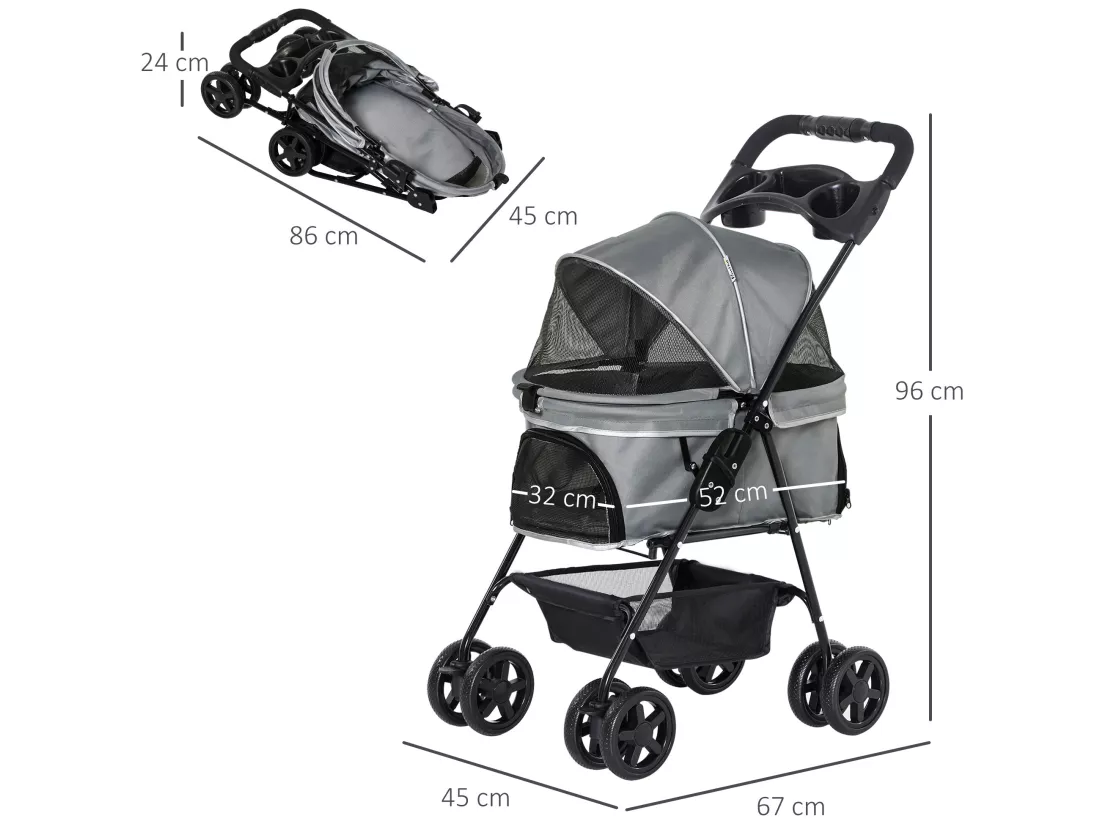 Poussette buggy pliable chien chat panier rangement porte-gobelets tissu 300D Oxford imperméable 4 roues gris