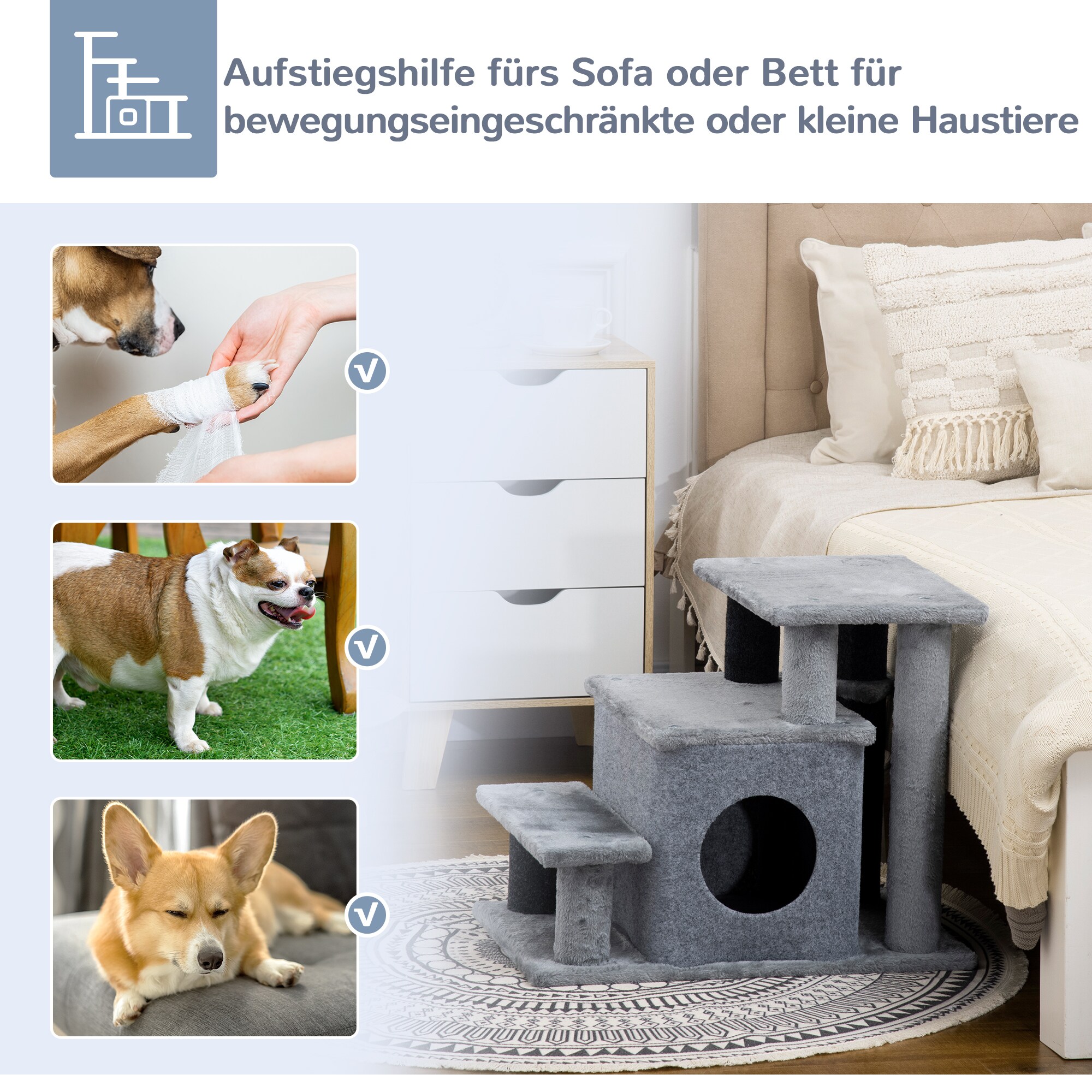 PawHut Haustiertreppe mit Schlafhöhle grau 60L x 40B x 66H cm