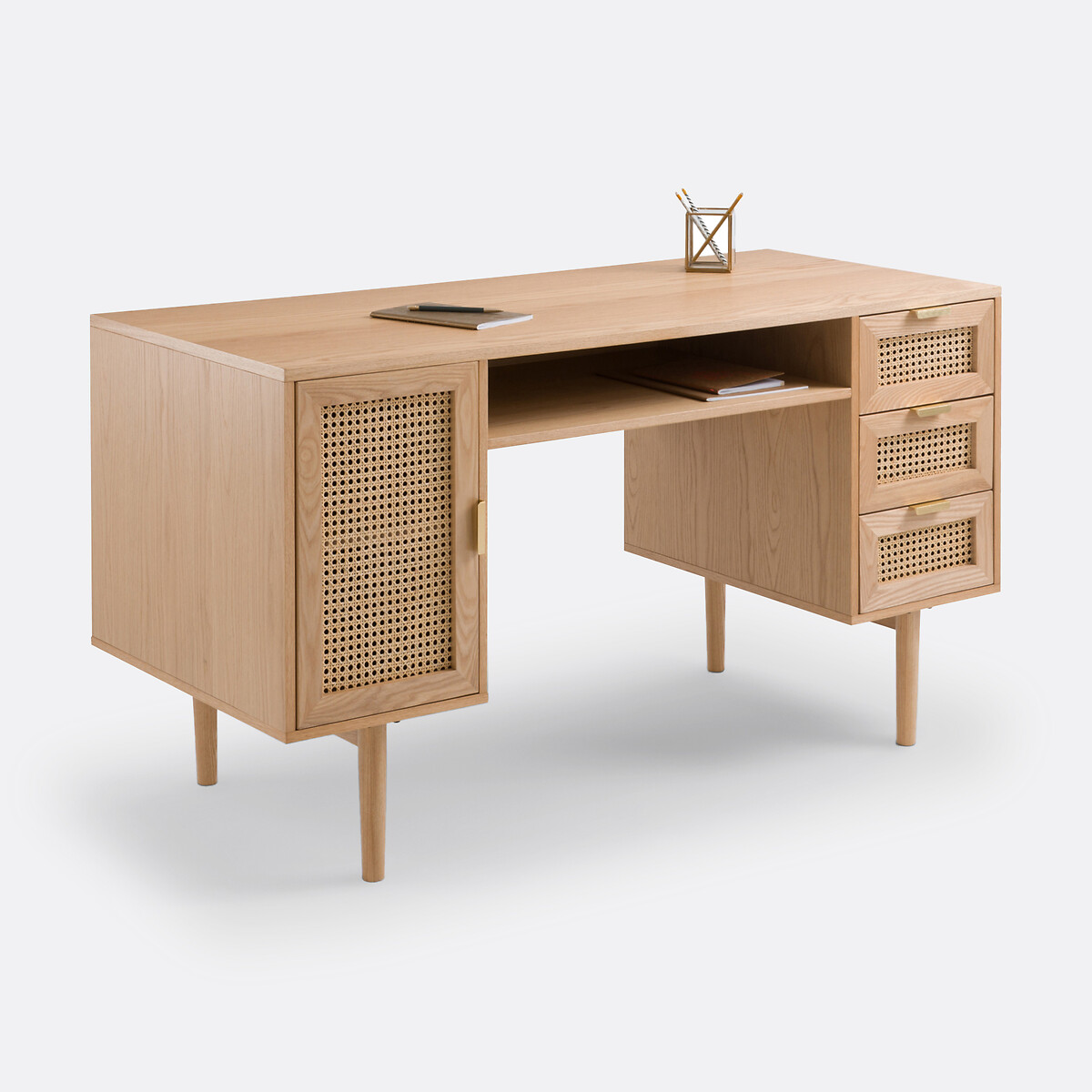 SO'HOME<br>Mesa de escritório dupla em carvalho folheado e rattan, Loris