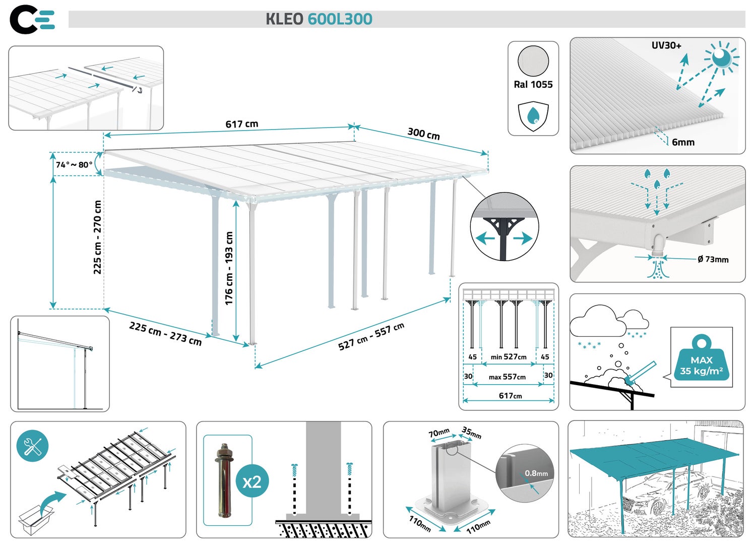 Aangebouwde pergola/carport 18m² KLEO 600L300 aluminium wit