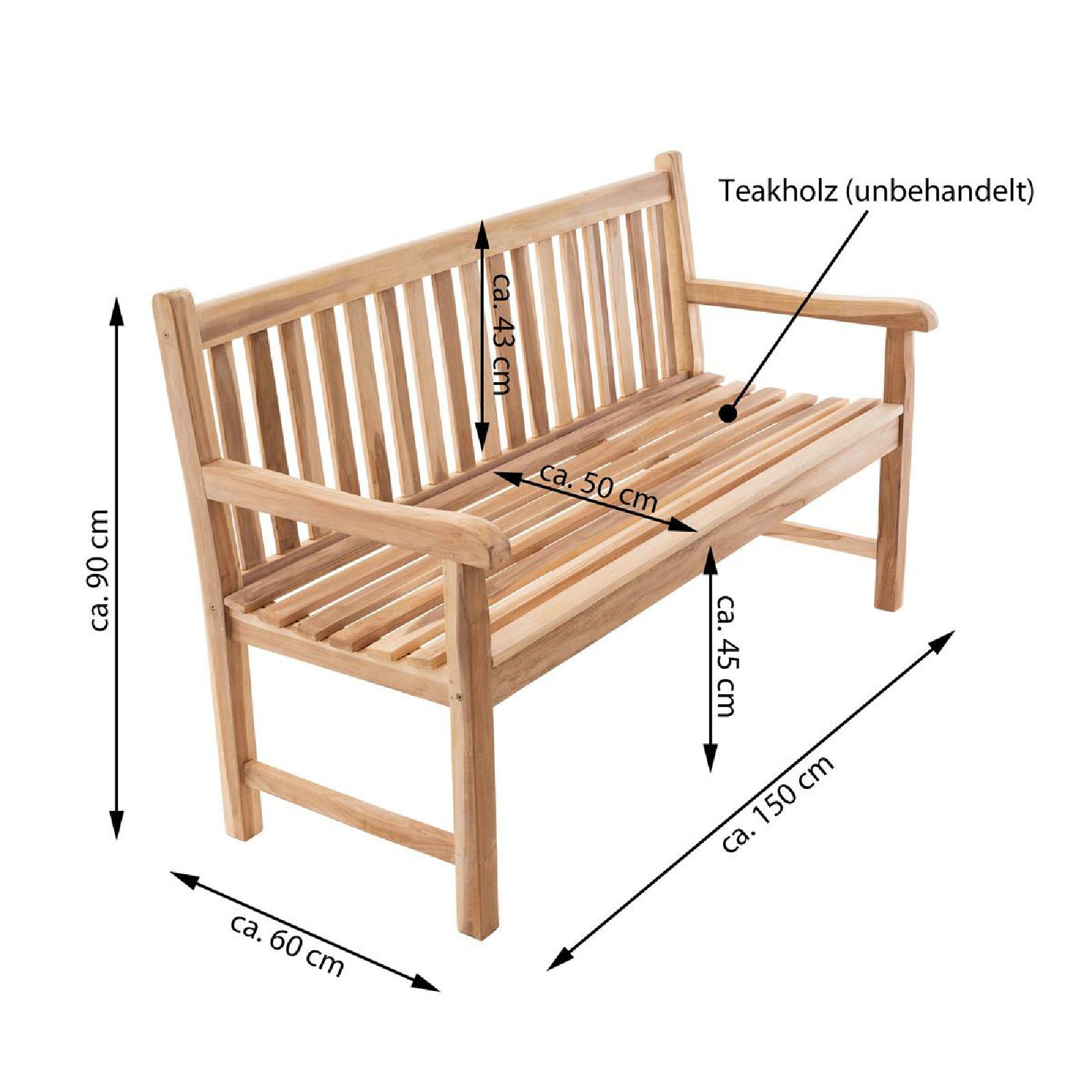 VCM 3-Sitzer Gartenbank Parkbank hochwertig massiv Teak Holz natur 150 cm