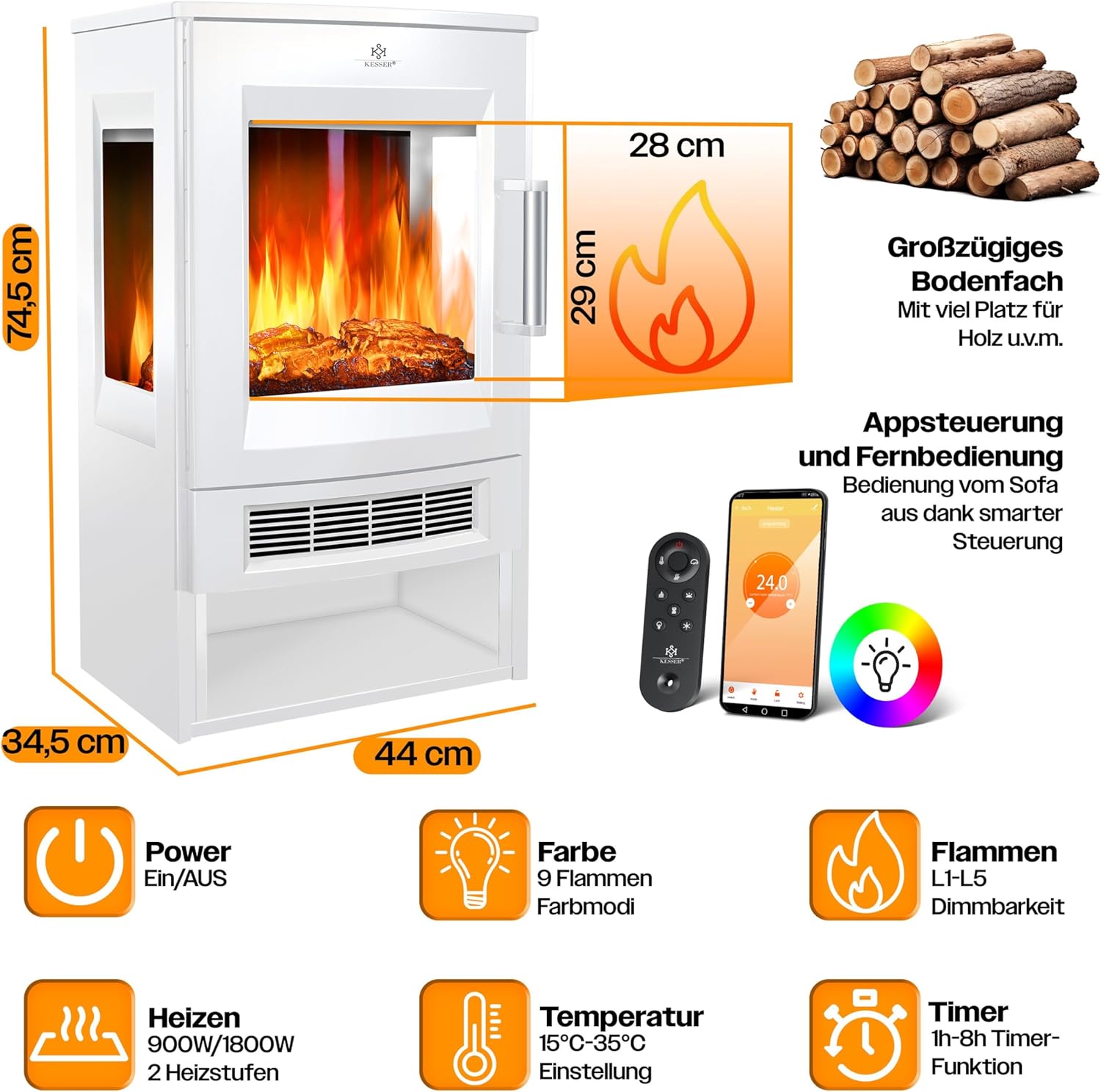 KESSER® Elektrokamin mit Heizung Panorama-Sichtfenster Heizlüfter 9 LED-Flammeneffekt Farbmodi Fernbedienung WiFi App 900/1800W Kaminfeuer elektrisch mit Thermostat Heizfunktion Timer