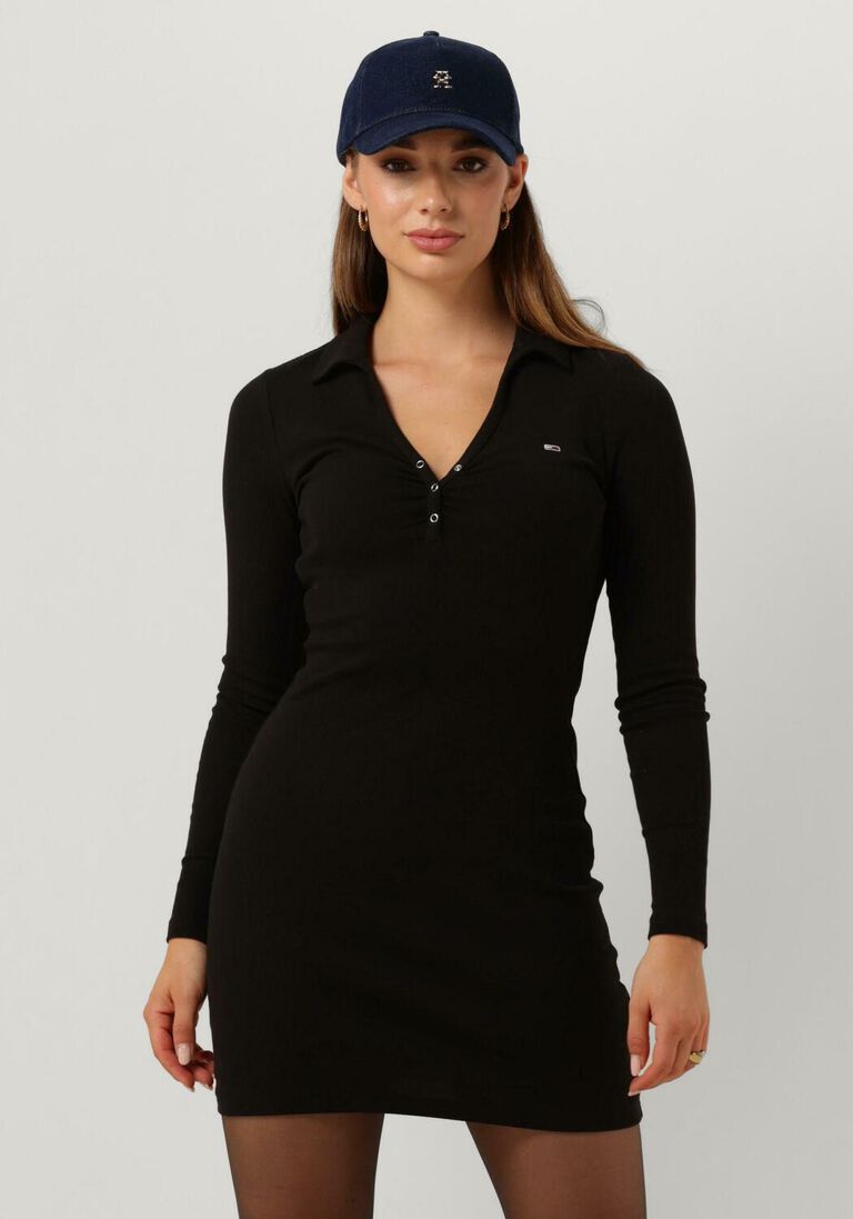 TOMMY JEANS zwarte tommy jeans mini jurk ls polo dress