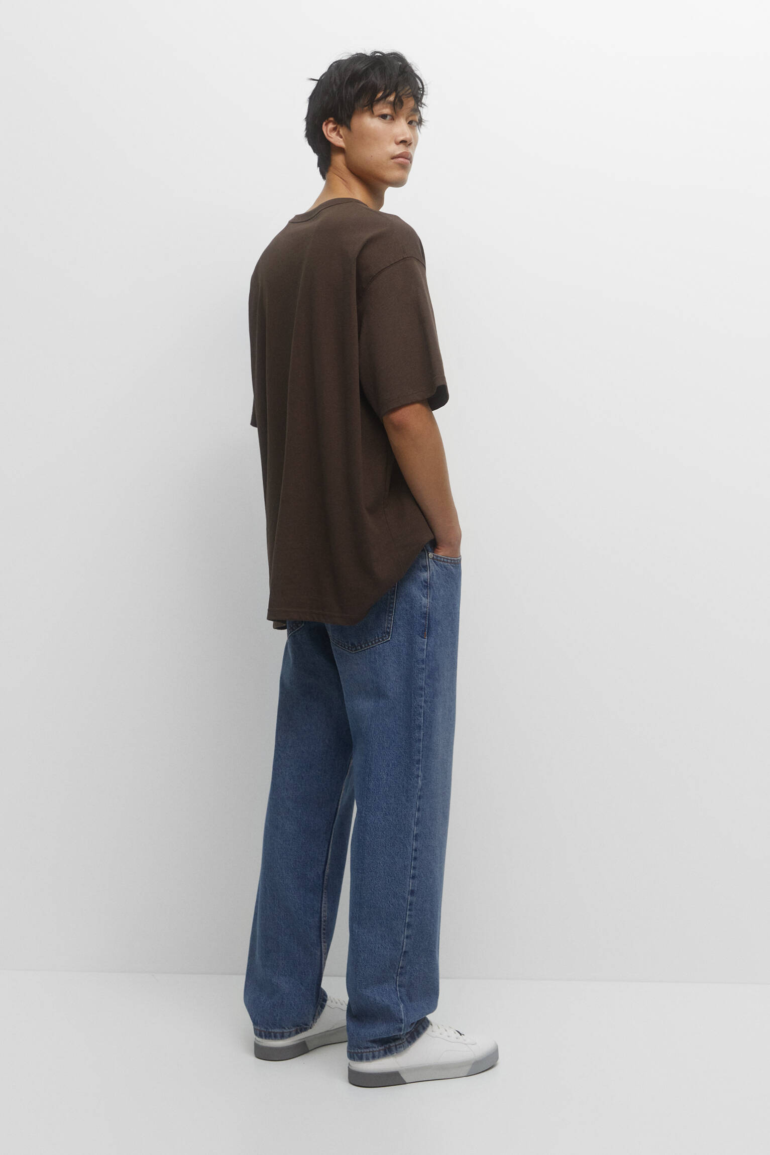 CALÇA JEANS DE ALGODÃO DE PERNA LARGA - AZUL MÉDIO