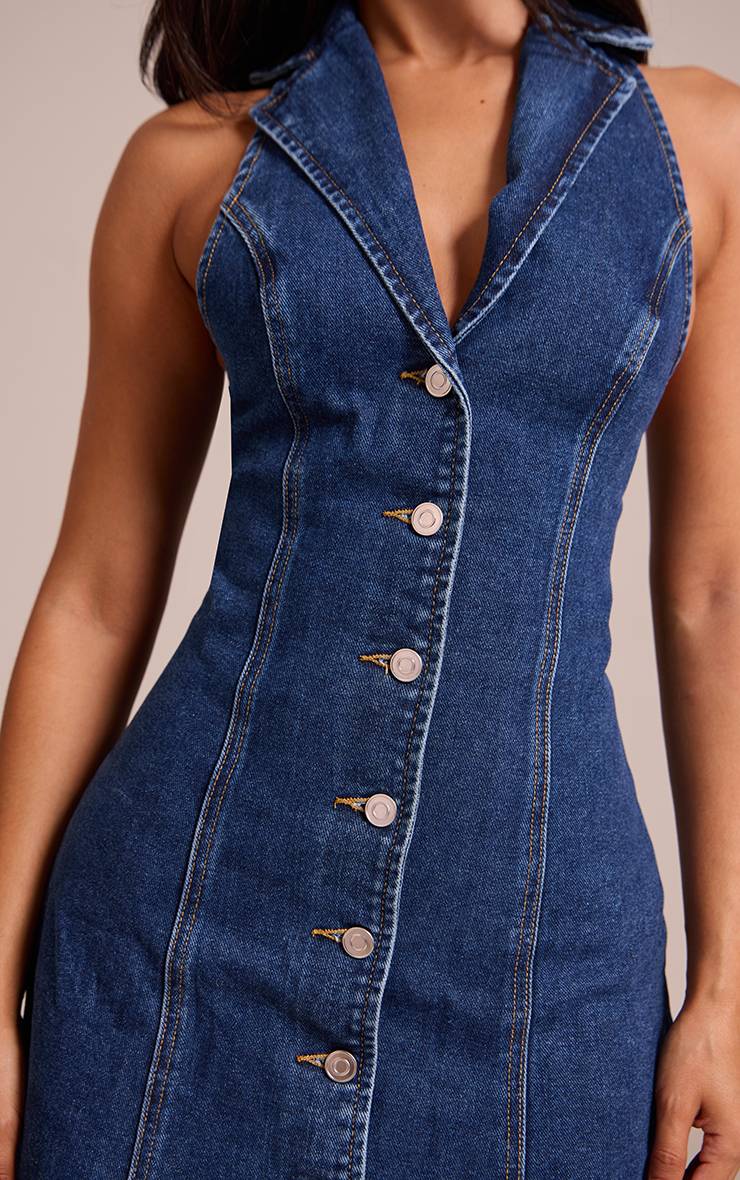 Mid Blue Wash Robe Mini En Denim À Col Revers Et Boutonnage Petite