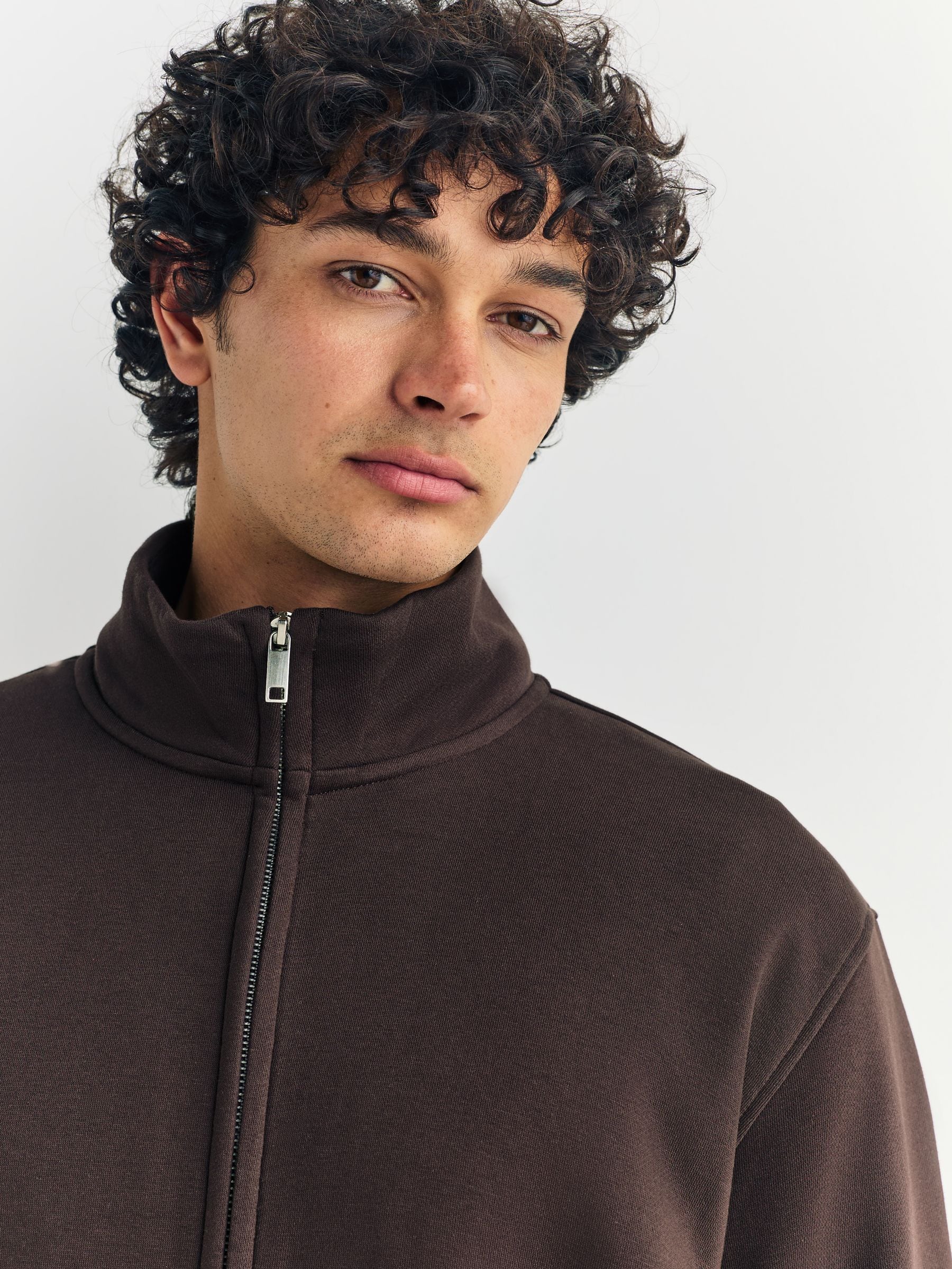 Chocoladebruin - Cotton Rich Jersey Full Zip Funnel Neck Sweatshirt
