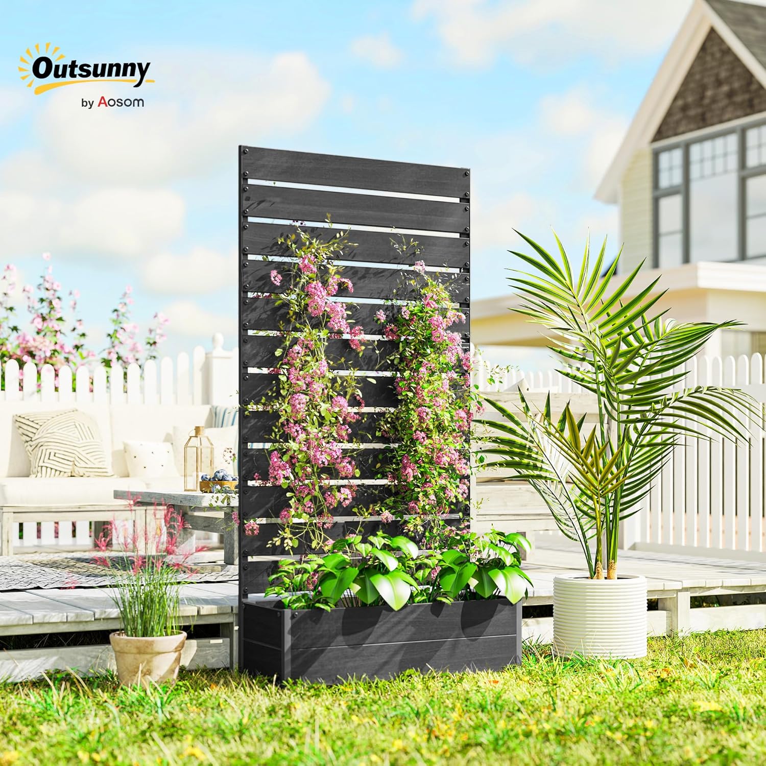 Outsunny Blumenkasten mit Rankgitter, Gartenhochbett, Outdoor-Blumenkasten für Kletterpflanzen, rechteckiger Blumenkasten Pflanzentopf für Balkon Terrasse Patio, 90,5x38x180 cm, schwarz