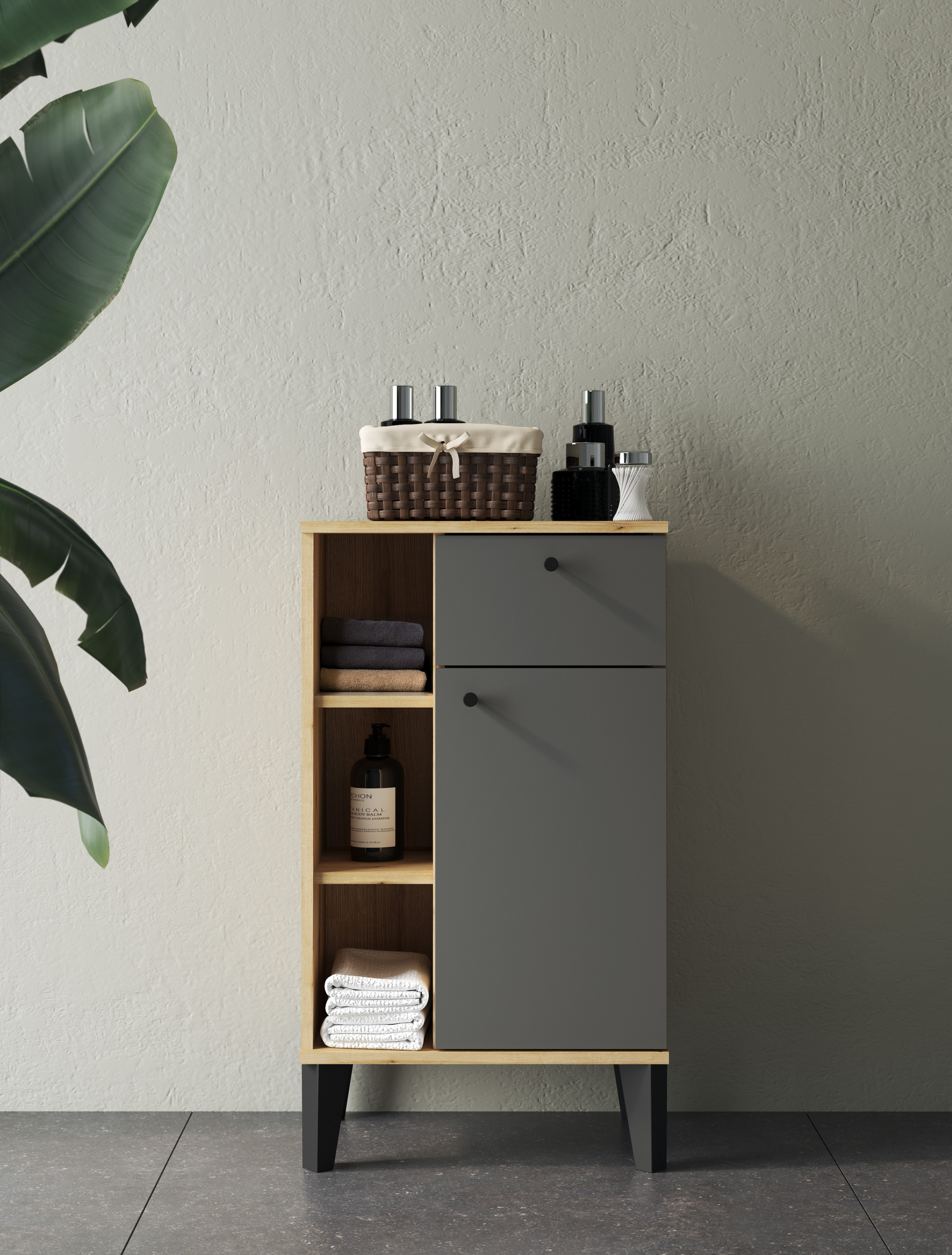 INOSIGN Midischrank »Oslo, Badschrank mit Knopfgriff, Schrank im skandinavischen Design« in der Türfarbe Weiss oder Grau verfügbar, ausreichend Stauraum