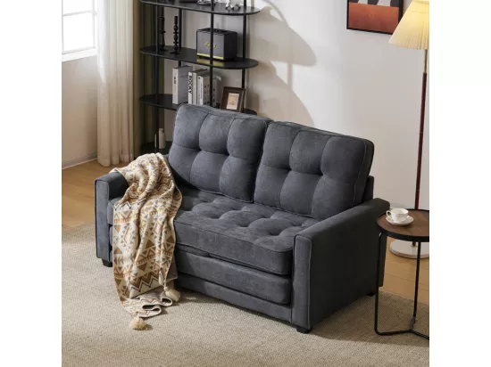 Canapé 2 places convertible en Lin gris - 151x86x75cm - avec poche d'accoudoir - couchage 169x127cm - Matelas 12cm