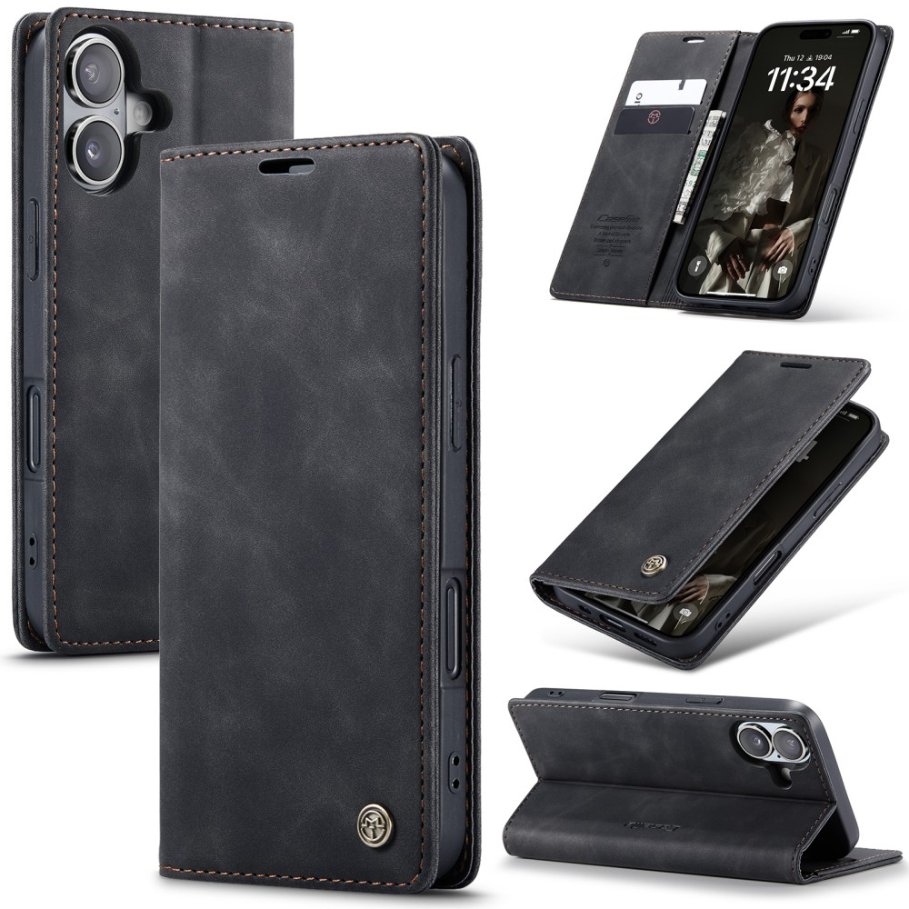 iPhone 16 Leder Tasche Flip Wallet Etui mit Kartenfächern - Schwarz