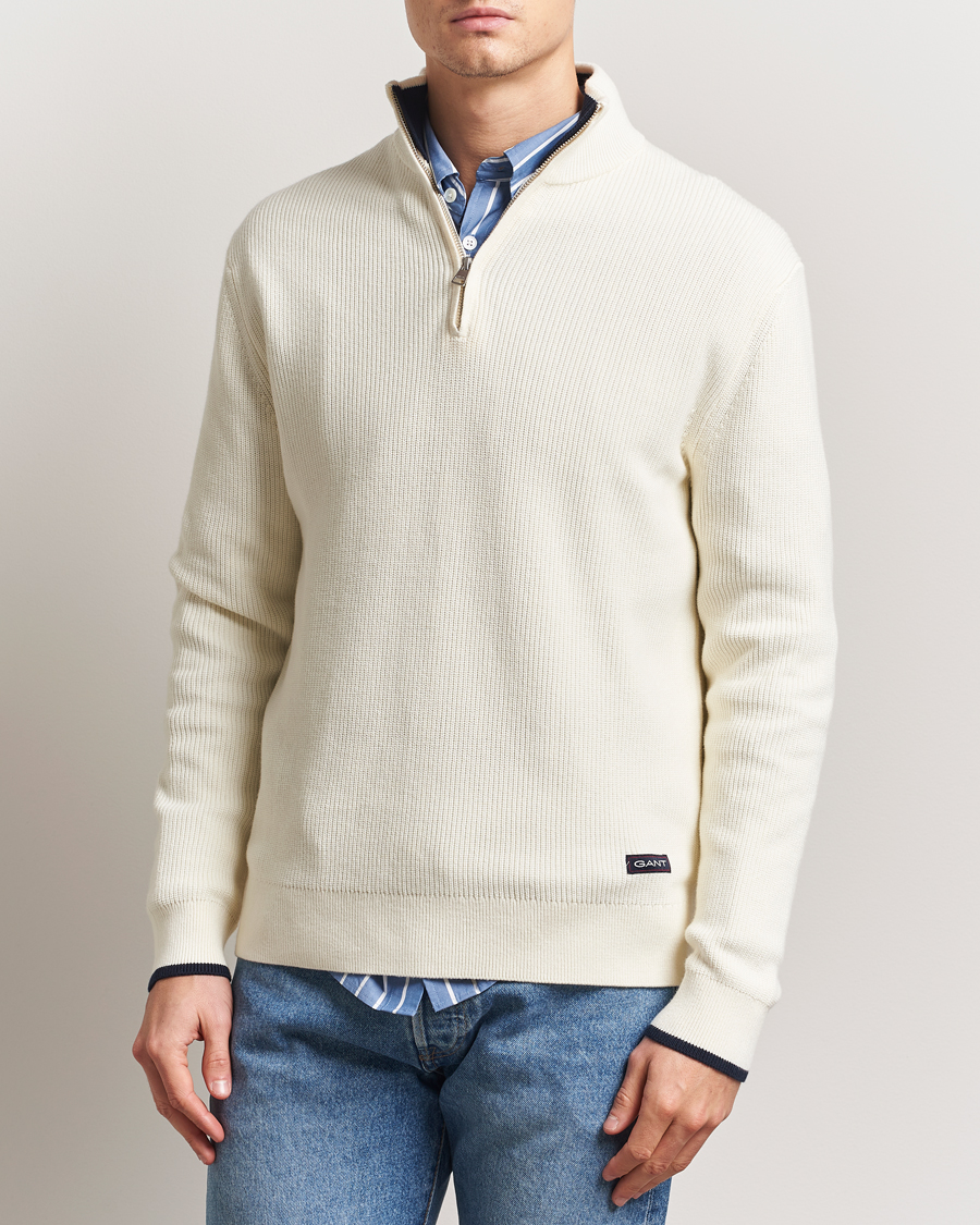 GANT Ribbed Cotton Half Zip Cream