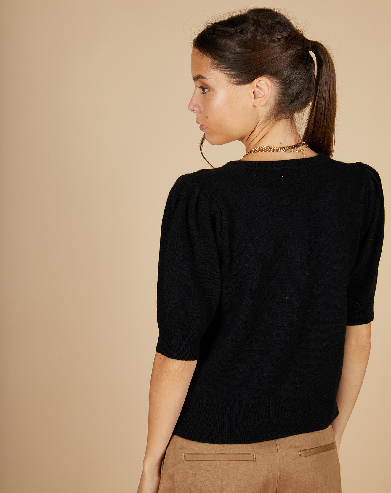 Cashmere Tribu Cardigan 100% Cachemire Claire manches ballon noir