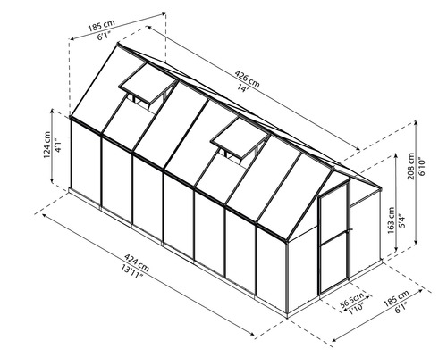 Palram kas – Canopia Mythos 6x14 dubbelwandige polycarbonaat panelen 4 mm incl. funderingsframe, gootsysteem 185 x 426 cm groen