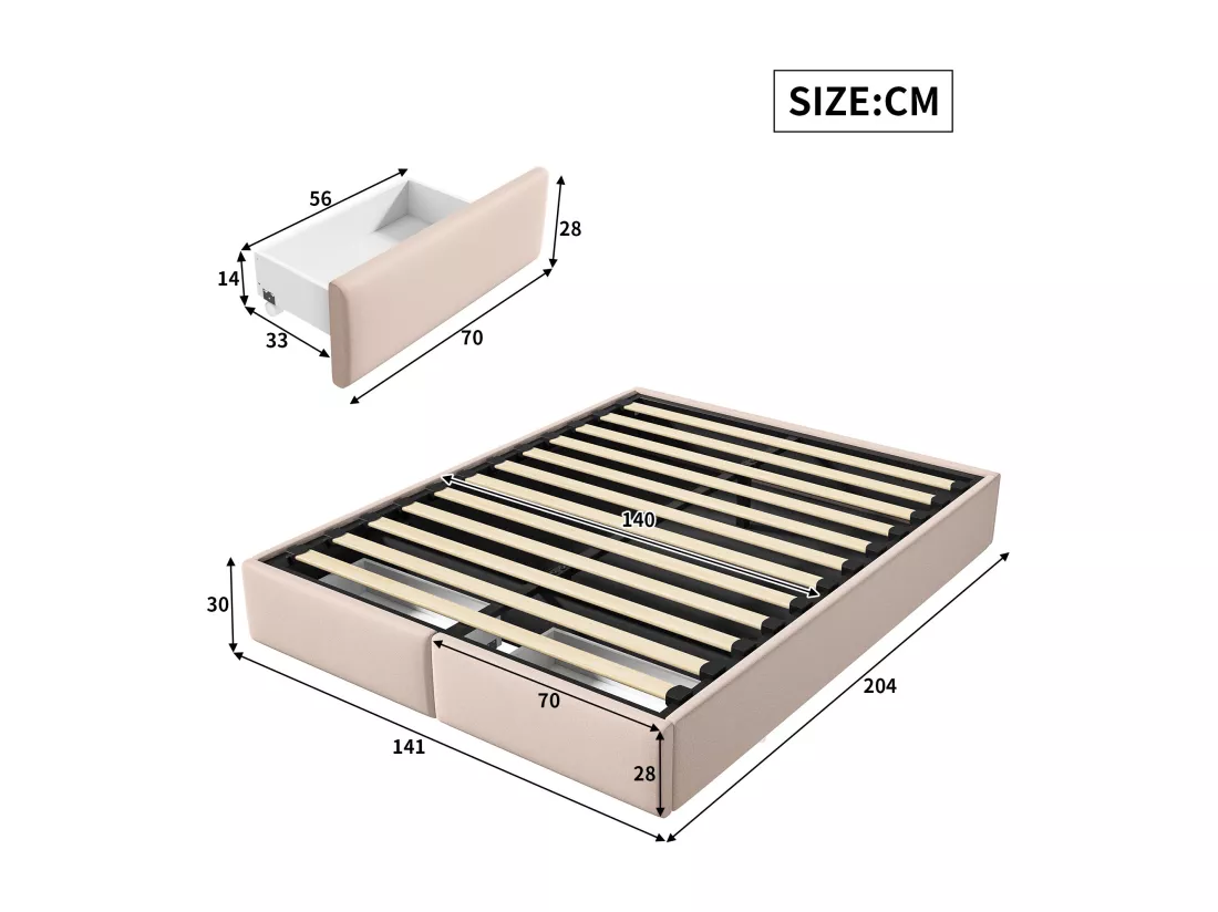 Lit coffre 160x200cm en tissu lin avec 2 tiroirs - sommier à lattes - sans tête de lit - Beige
