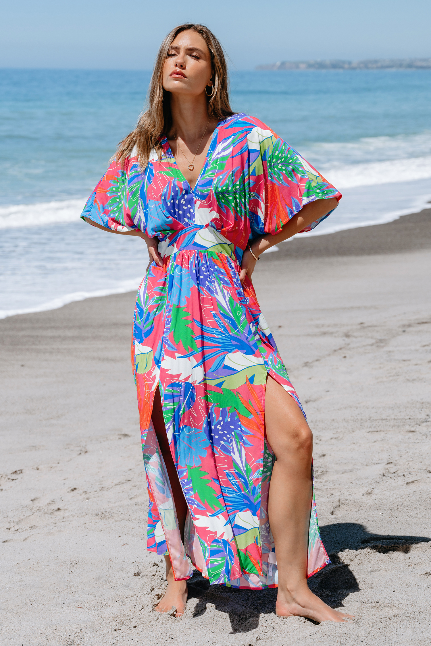Robe maxi à smocks tropicale brillante