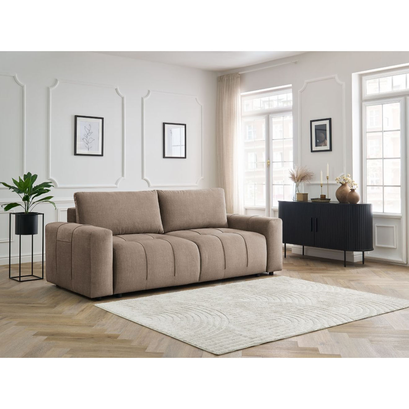 Bobochic Canapé droit convertible en Velours 3 places Arsène avec coffre taupe - 248x105x90 cm
