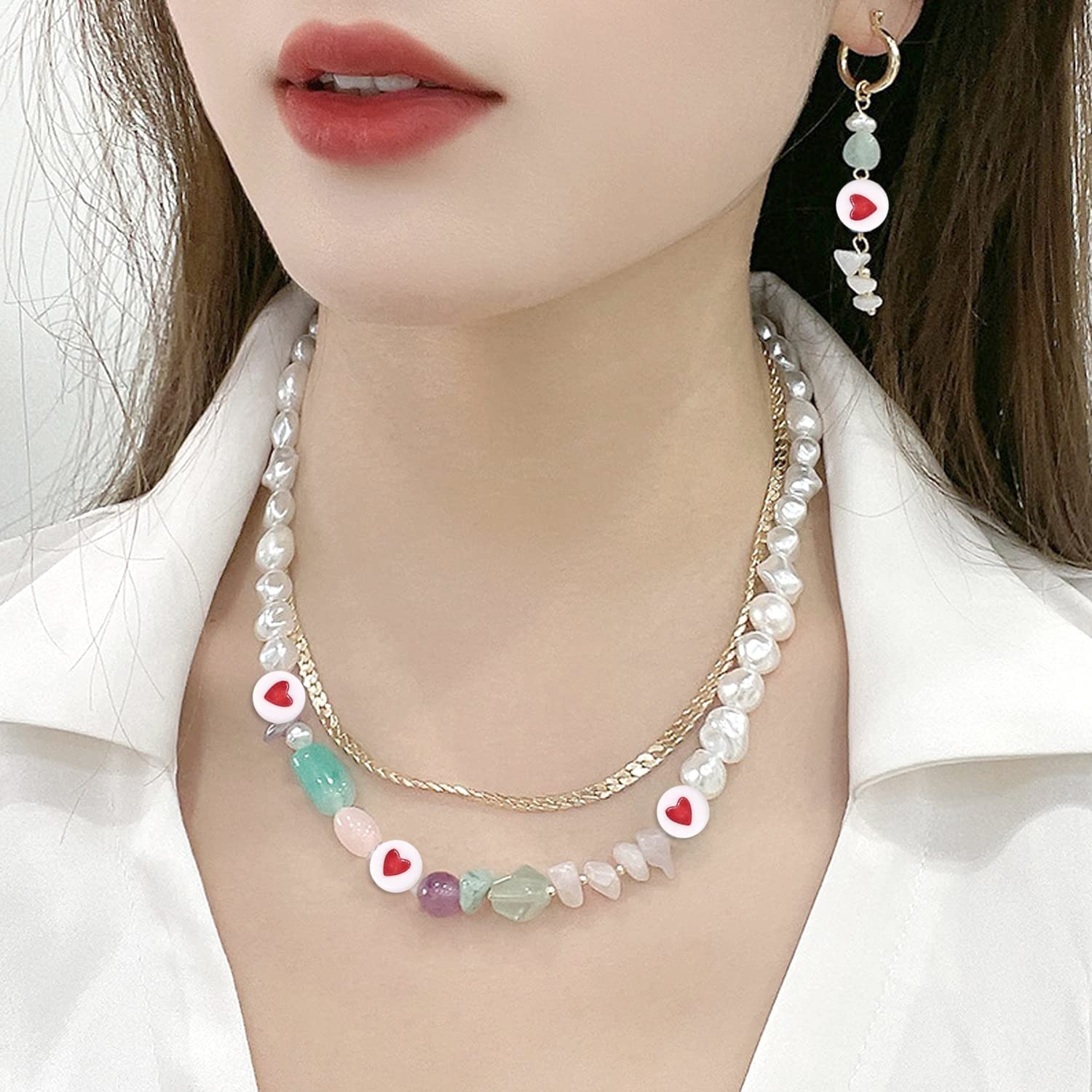 (100er Set) 7mm Herz Perlen DIY Bastel Schmuck Zwischenperle für Armband / Kette - Weiss / Rot