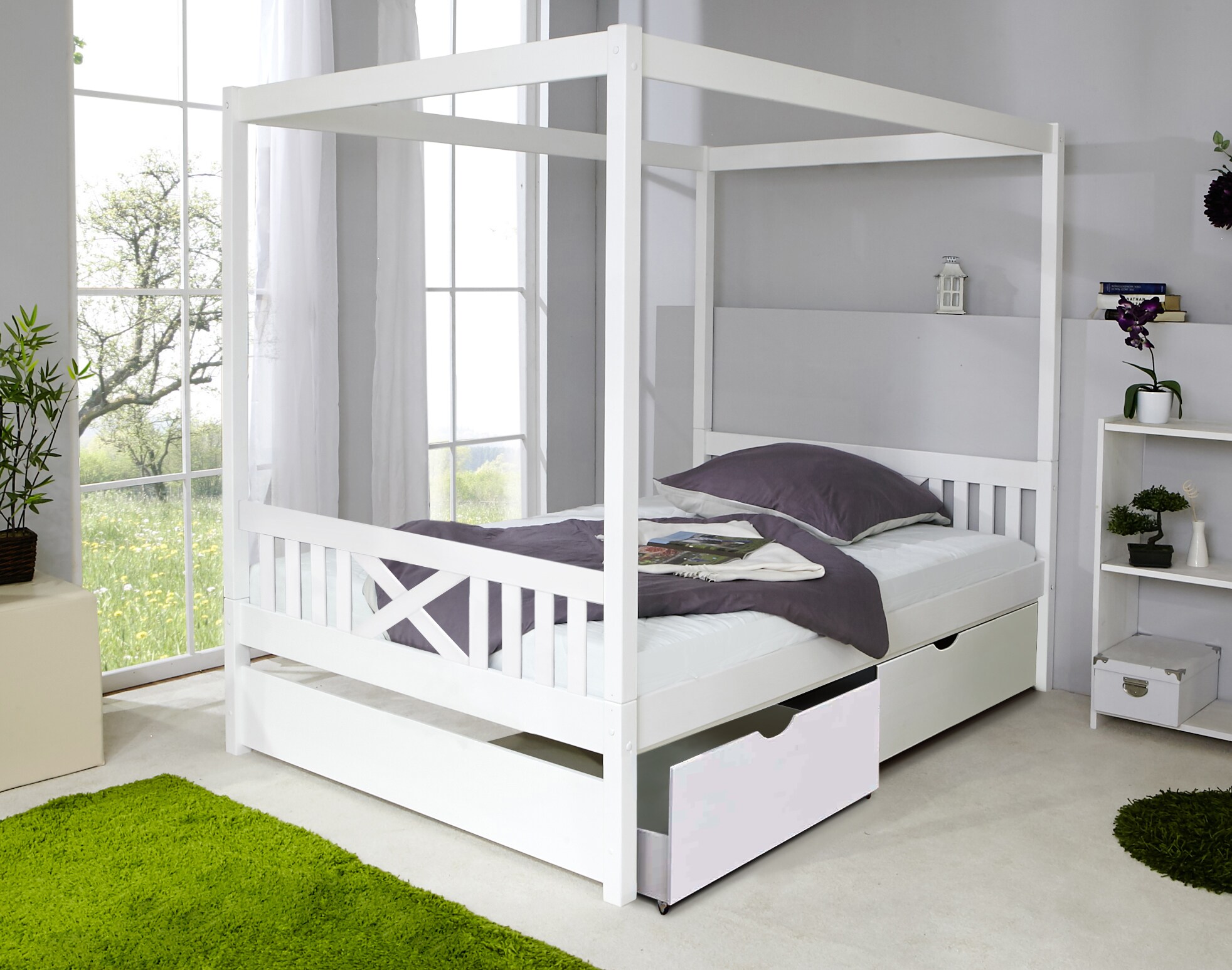 TiCAA Himmelbett Lino Kiefer Weiß 140x200