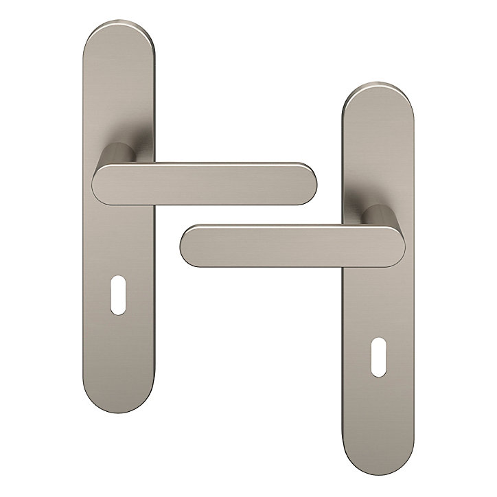 Ensemble poignée sur plaque rond serrure GoodHome Minzh effet nickel satin gris L.120mm x l.42mm entraxe 165-195mm