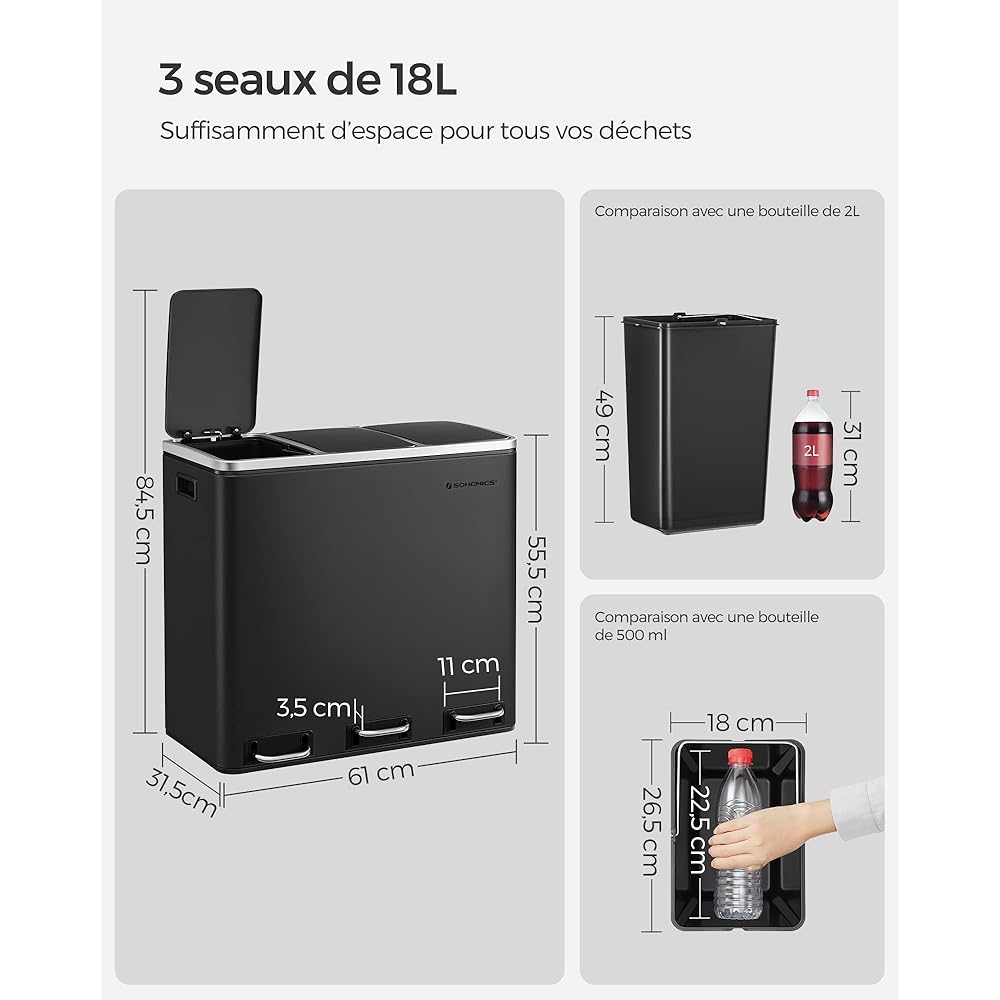 SONGMICS Poubelle Cuisine, 3 x 18L, Poubelle de Tri, 3 Compartiments, Déchets, Compost, Couvercles à Fermeture en Douceur, Pédales, Seaux Intérieurs, Acier, Noir d'Encre LTB54BK : Cuisine et Maison