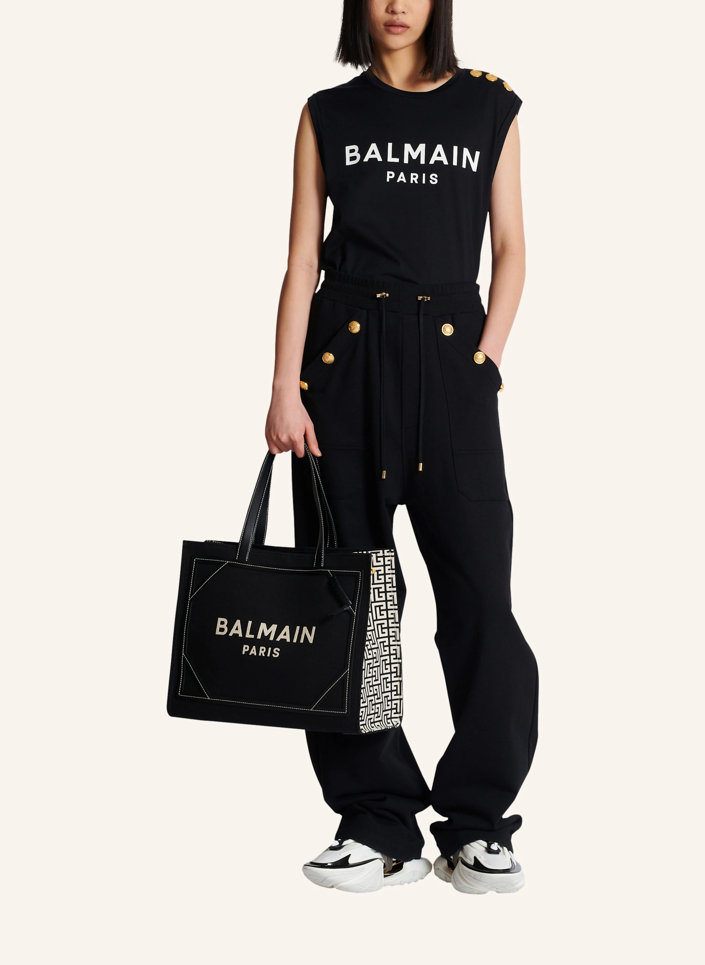 BALMAIN Shopper B-Army 42 aus Monogramm-Canvas und Glattleder