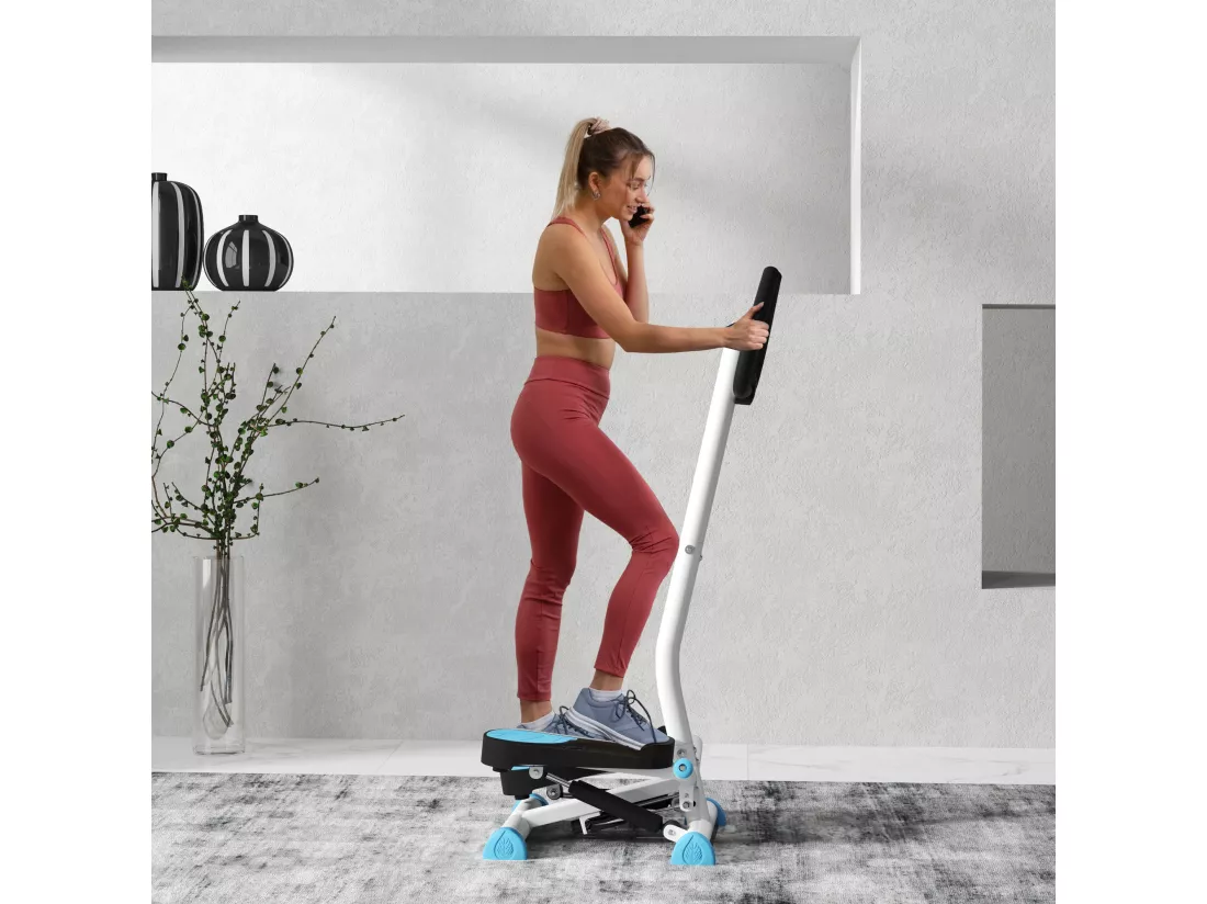 Stepper Fitness avec guidon ergonomique - écran LCD multifonction - résistance réglable - acier blanc bleu noir