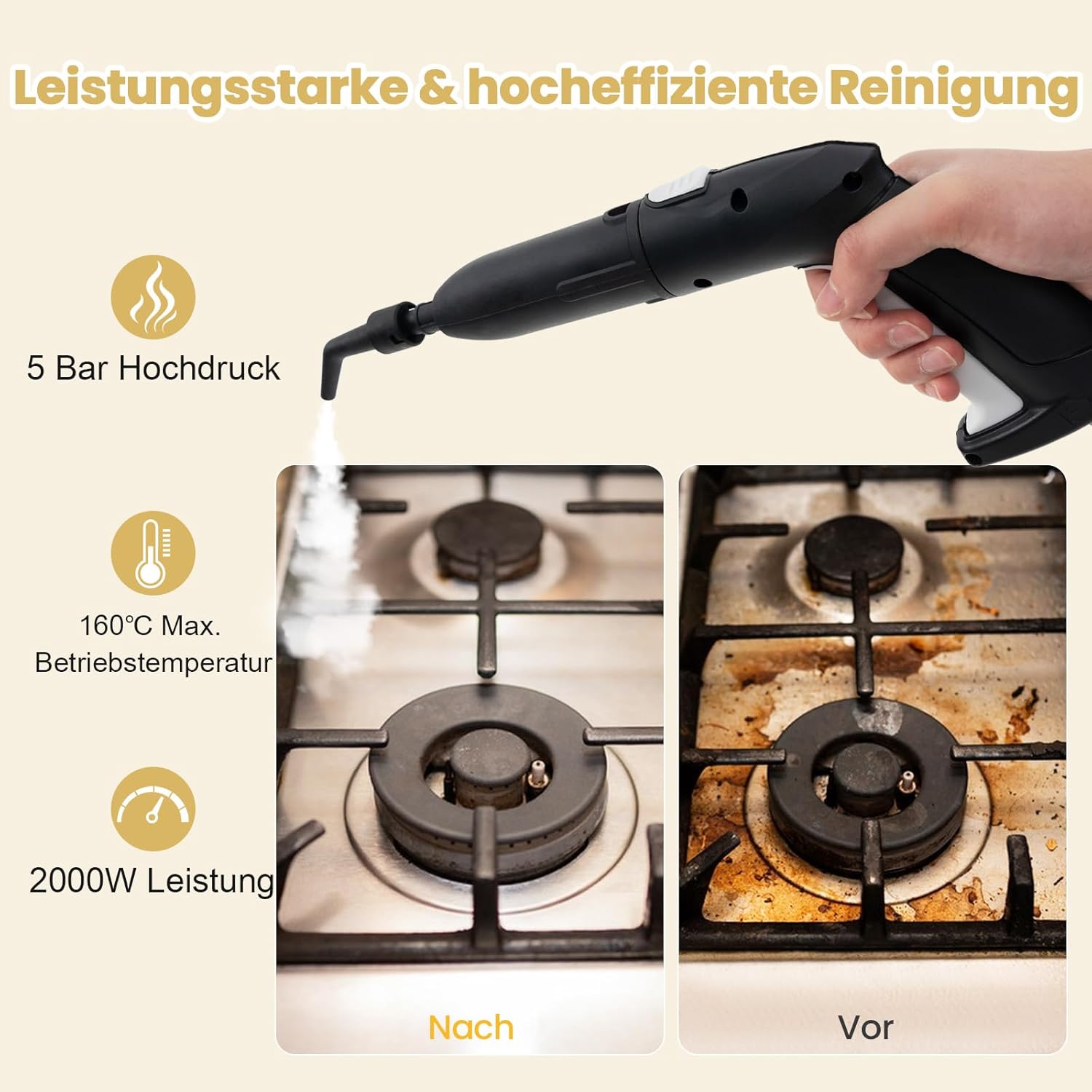 COSTWAY Dampfreiniger 2000W, Dampfdruck: 5 bar, Tank: 1,8L, Temperatur: bis zu 160℃, Bodenreiniger mit 29 Zubehörteilen & Rollen, Dampfgeräte inkl. 5m Netzkabel (Weiß)