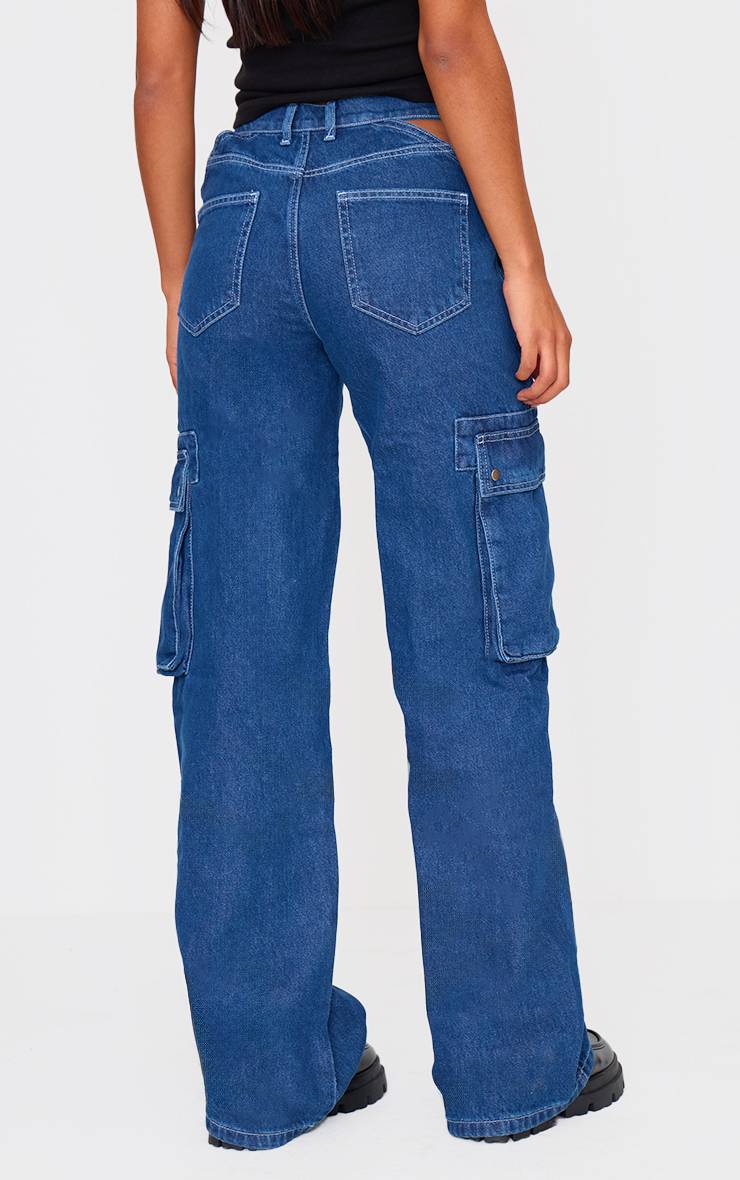 Bleu Indigo Jean Cargo À Taille Asymétrique Avec Découpes