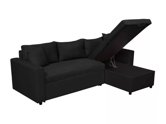 Canapé d'Angle 3 Places Maria Réversible Convertible avec Coffre en simili et microfibre - Noir - L227 x P146 x H81cm - Loungitude