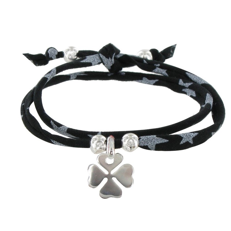 Bracelet Double Tour Lien Etoiles et Trèfle Argent - Classics - Noir