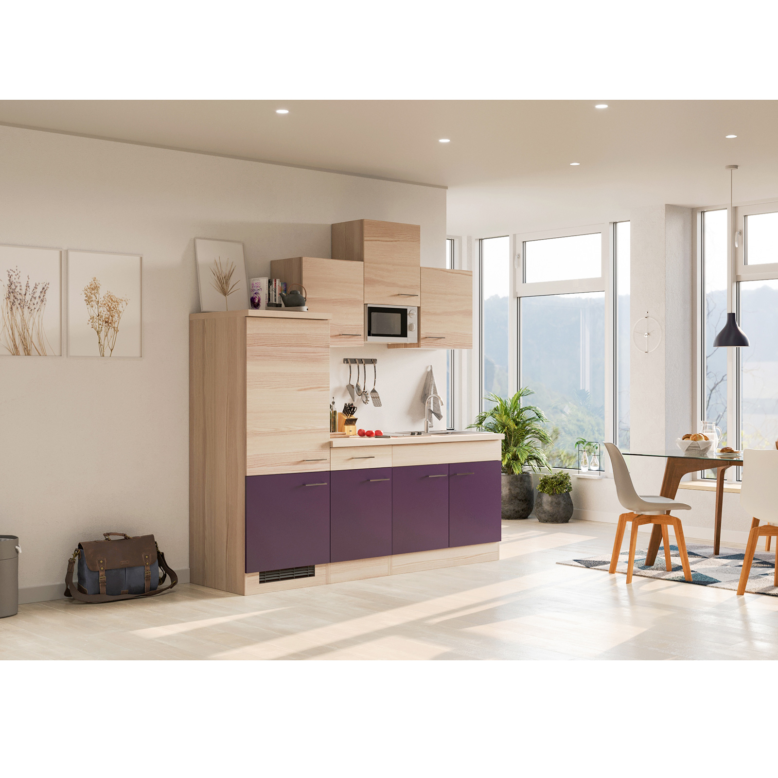 Küchenblock FOCUS - Akazie-aubergine - mit E-Geräten - 210 cm
