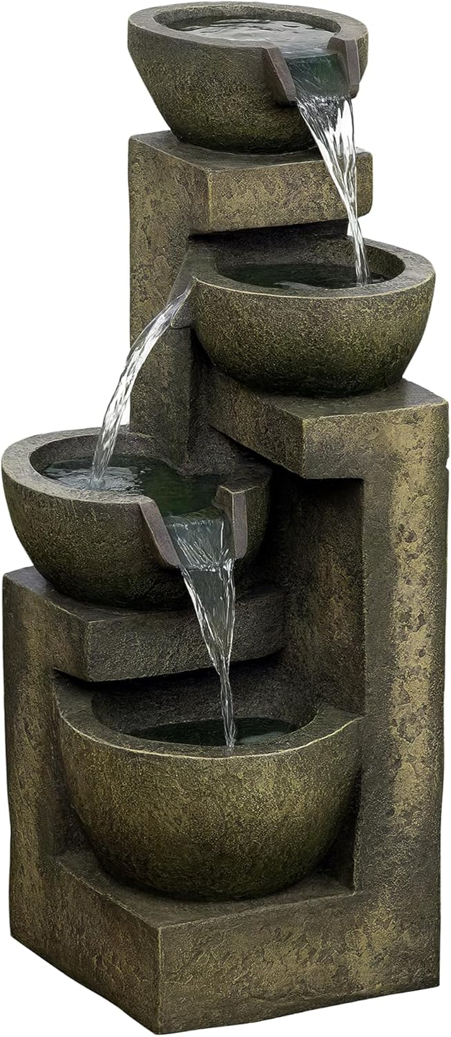 Outsunny Springbrunnen aus Kunstharz Outdoor Gartenbrunnen mit Einstellbarer Strömung Dekorationsbecken 4 Stufen Zierbrunnen für Garten Terrasse Rasen 25cm x 24cm x 60cm Schwarz
