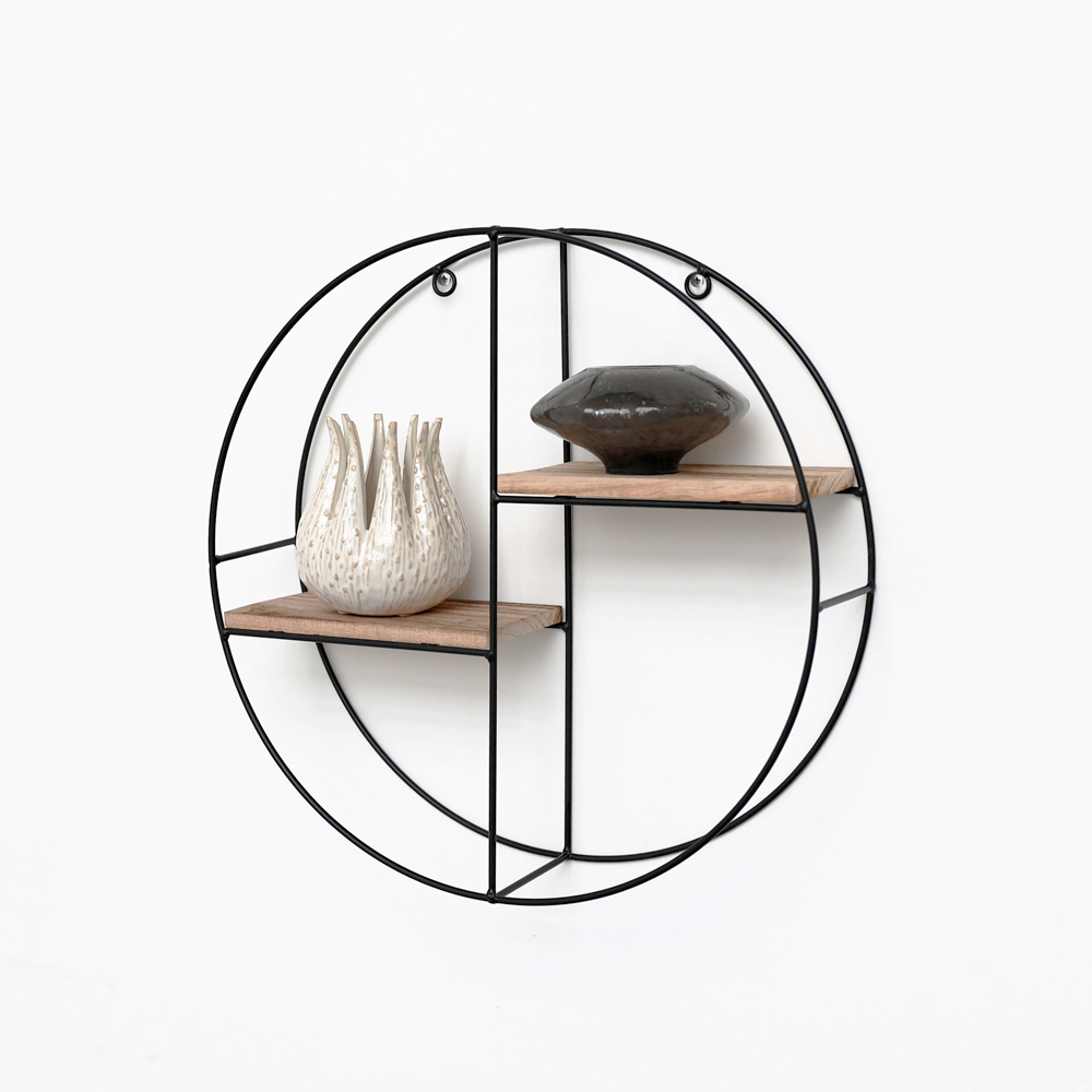 Etagère murale en métal noir - 2 planches en bois - ronde - 37x10 cm