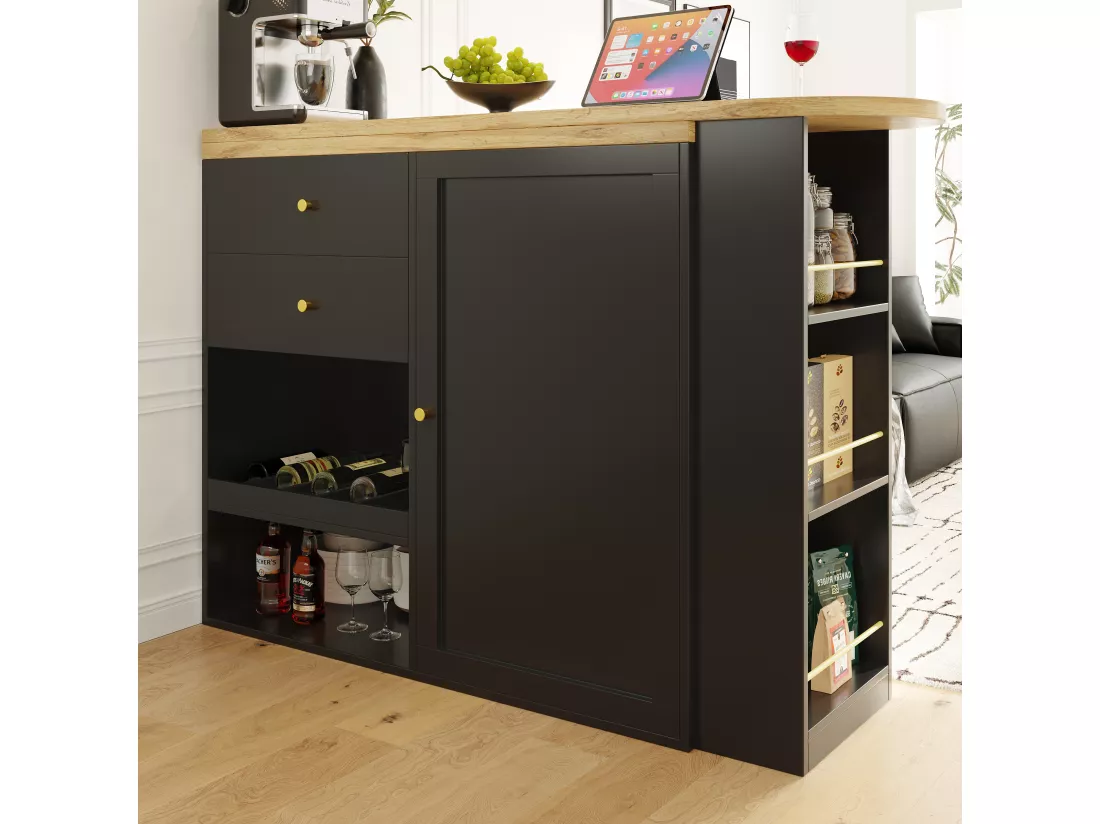 Buffet、Meuble de bar pivotant et escamotable - 2 tiroirs et 6 compartiments - Noir
