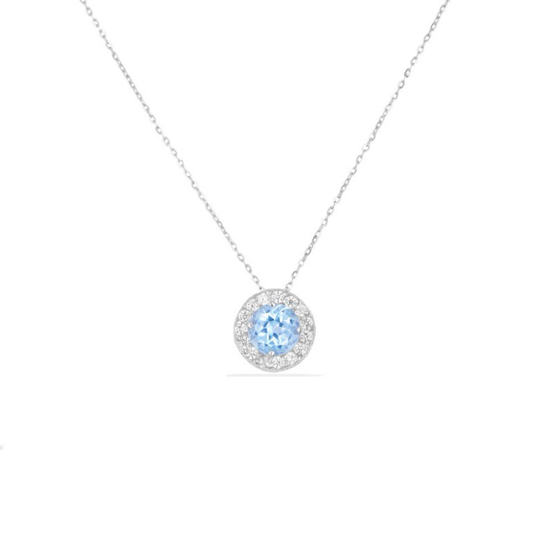 Collier Or Blanc Topaze Bleue et Zirconiums - Femme