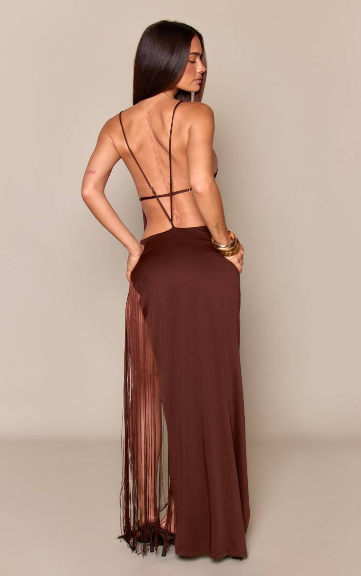Chocolat Robe Longue Asymétrique Tissée À Franges Avec Fente Latérale