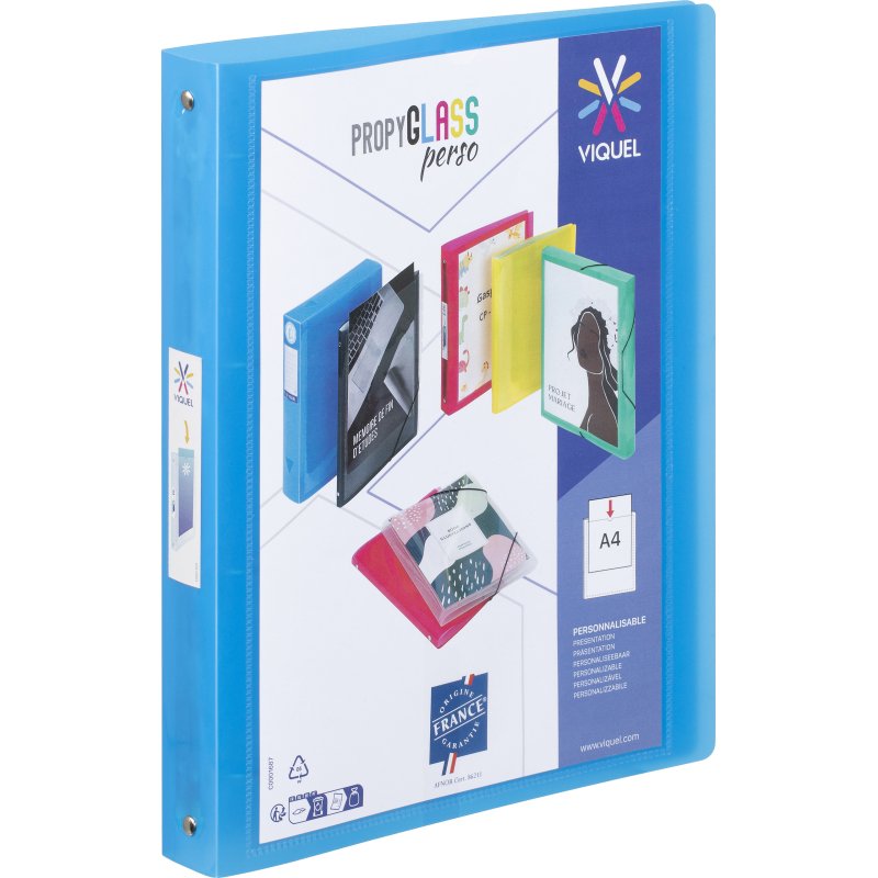 Classeur 4 anneaux plastifié Viquel Propyglass personnalisable A4 Dos 3,5 cm bleu