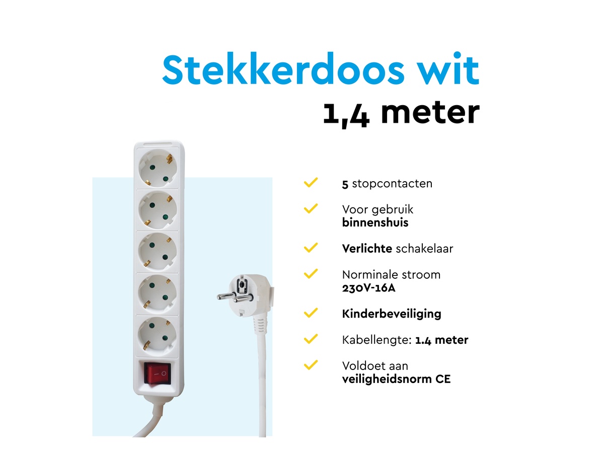 BRASQ 1,4 meter 5-voudige Stekkerdoos met schakelaar - White