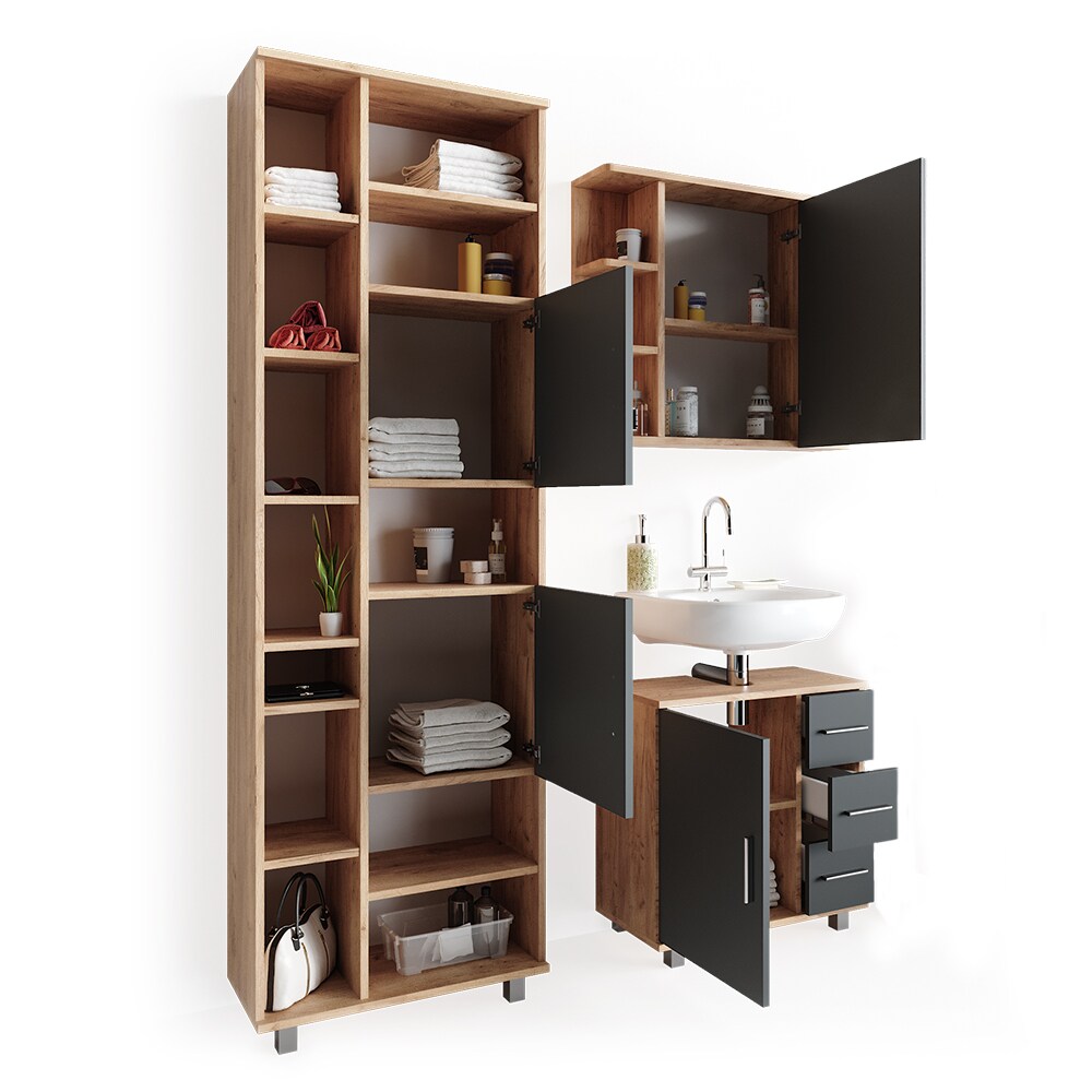 VICCO Badmöbel Set ILIAS Eiche Anthrazit Spiegel Kommode Unterschrank Badschrank