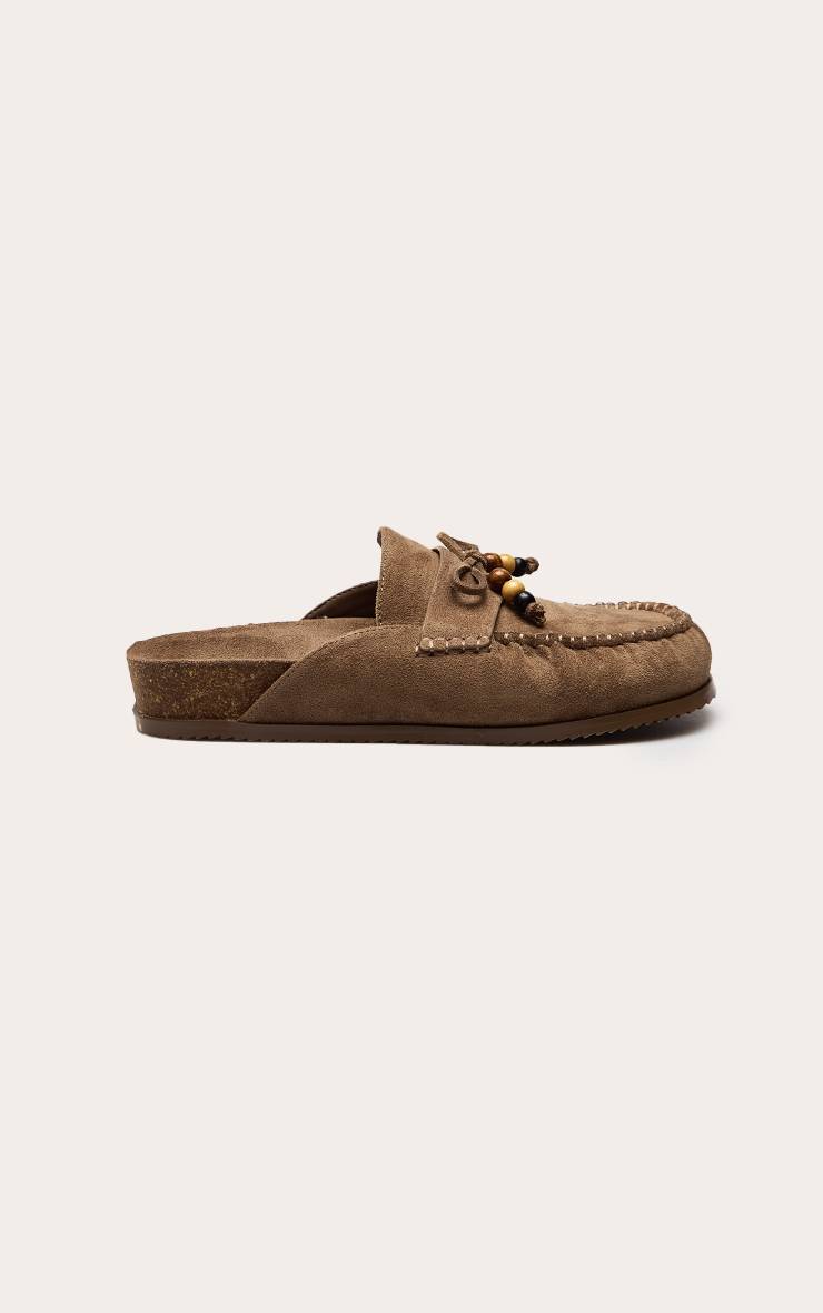 Taupe Mule À Semelle Anatomique En Synthétique Avec Détail Pompon