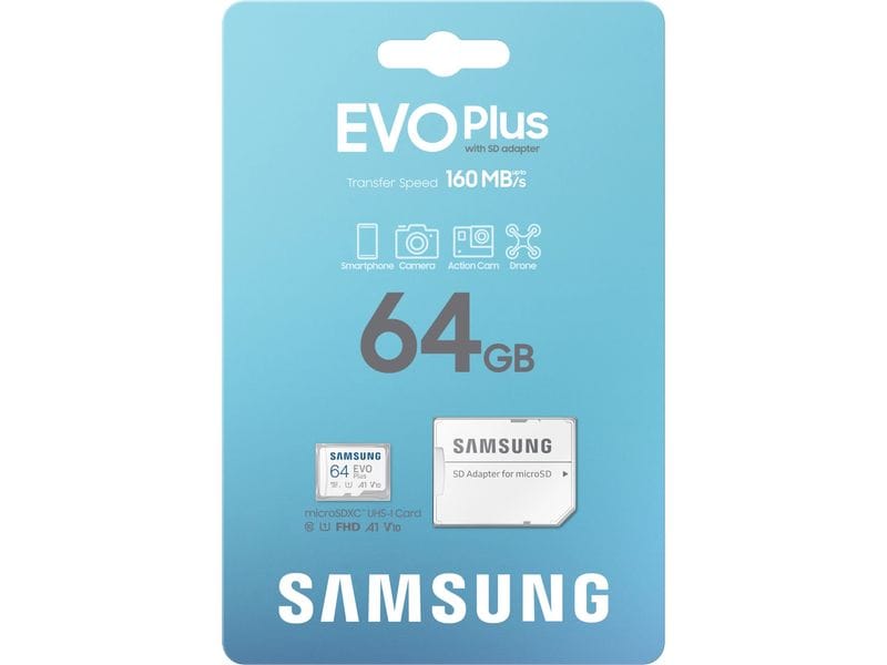 Samsung microSDXC-Karte Evo Plus 64 GB Auf Geschwindigkeit optimierte microSD Speicherkarte mit SD-Adapter