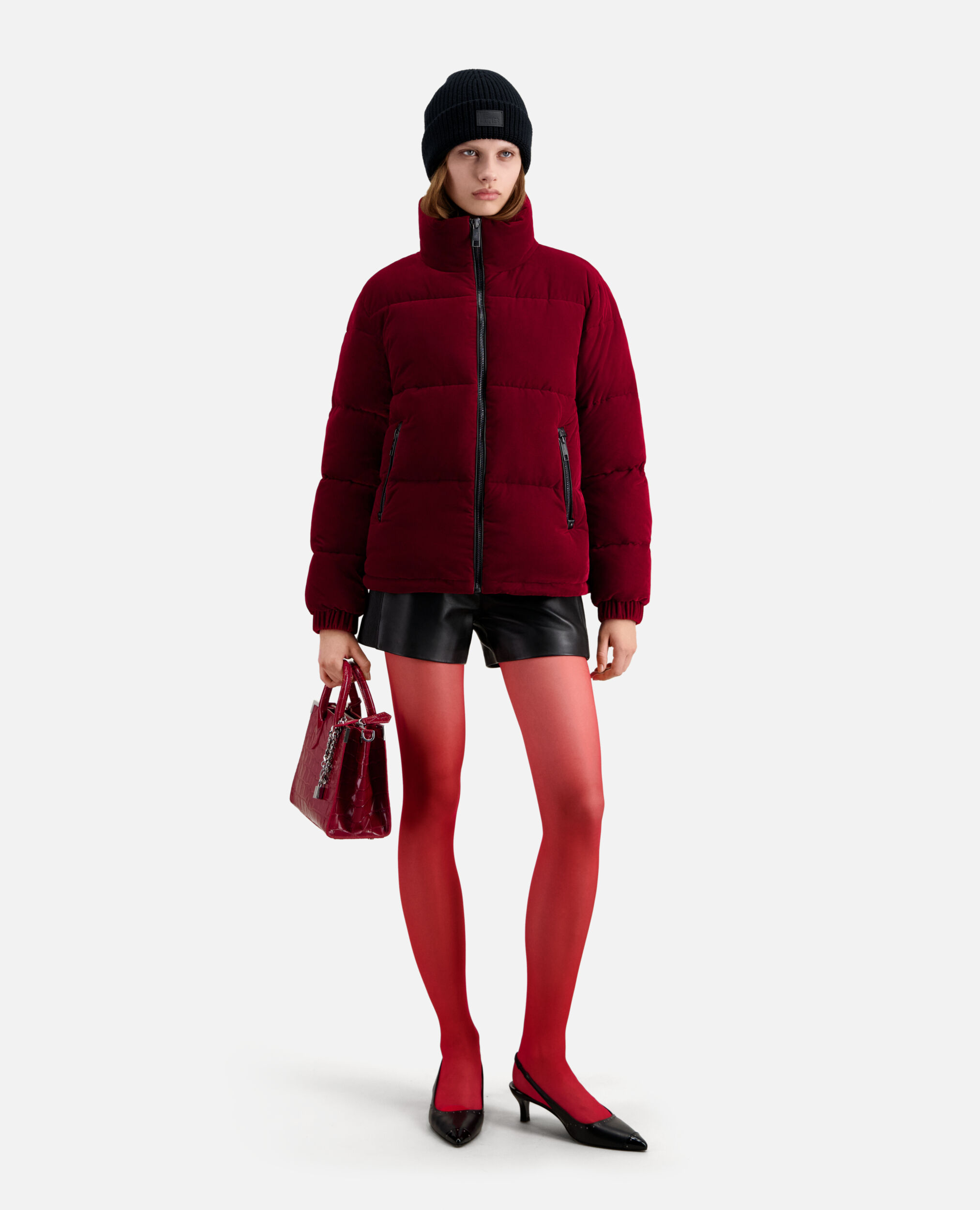Burgundy velvet puffer jacket