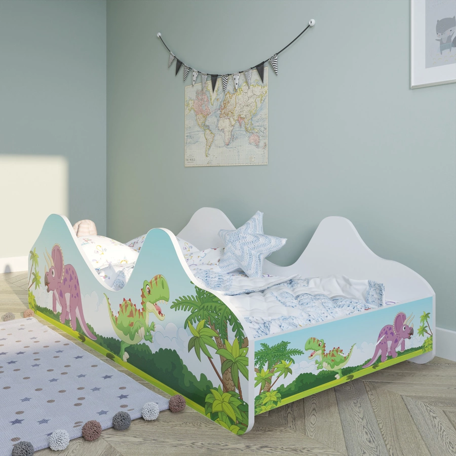 Kids Collective Kinderbett Jugendbett 80x160 mit Rausfallschutz | Kinder Spielbett mit Lattenrost Dino Motiv
