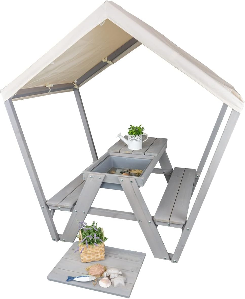Meppi Sitzgruppe Pellworm - Kindersitzgruppe Outdoor aus Holz mit Dach und Matschwannen (grau)