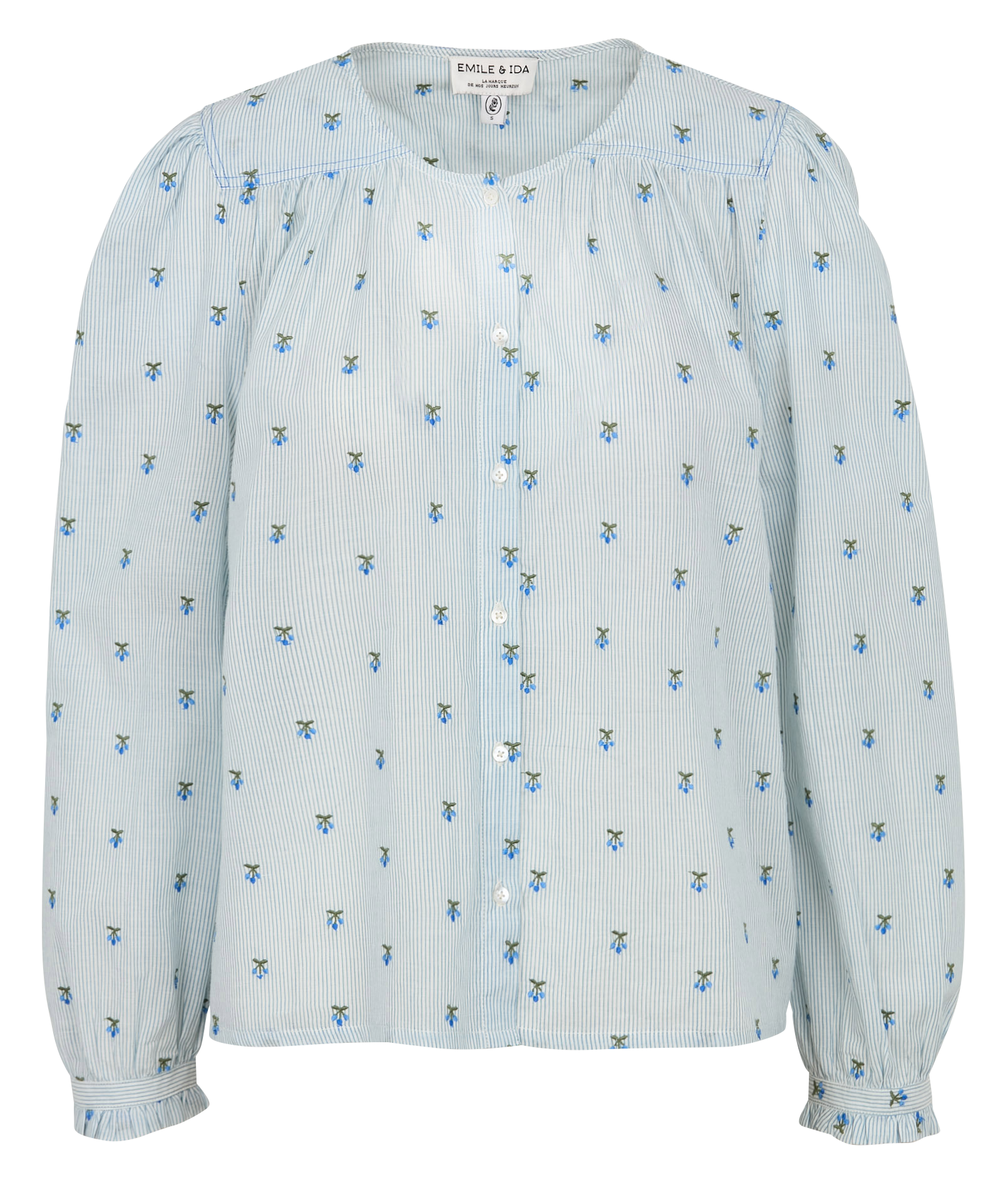 AURORE - Top col rond brodé en coton | Bleu