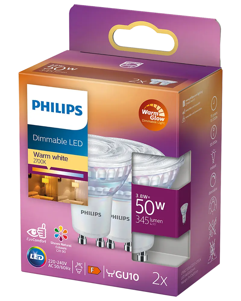 PHILIPS Reflektorpære 3,8W GU10 dæmpbar 2-pak