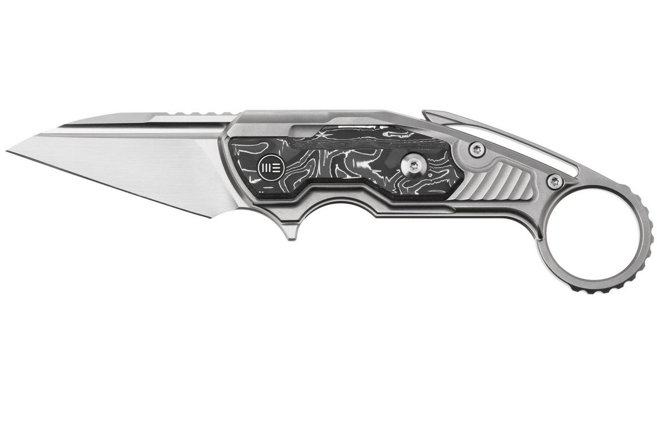 WE Knife Yardbird WE22021-3 Satin CPM 20CV, Bead Blasted Titanium, Aluminum Foil Carbon Fiber Inlay, karambit zakmes, Maciej Torbé design