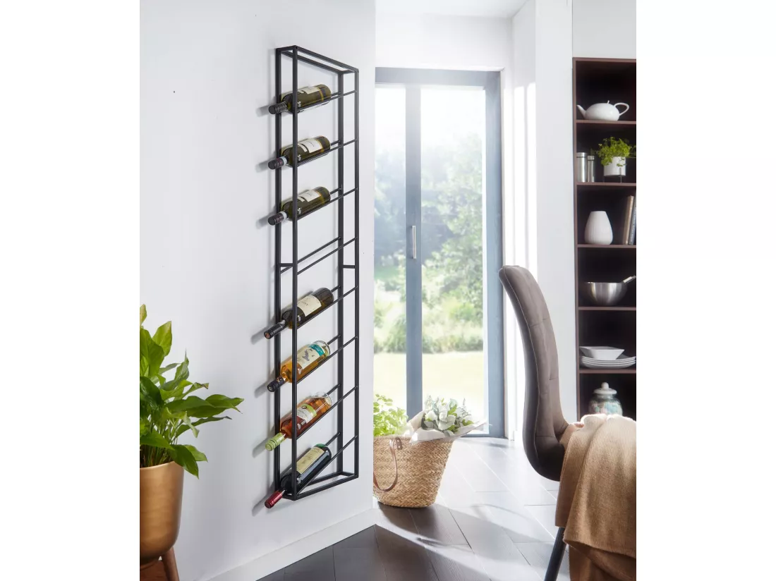 Casier à Vin Mural Métal Noir 36x150x8cm Étagère Porte-bouteilles Étroit