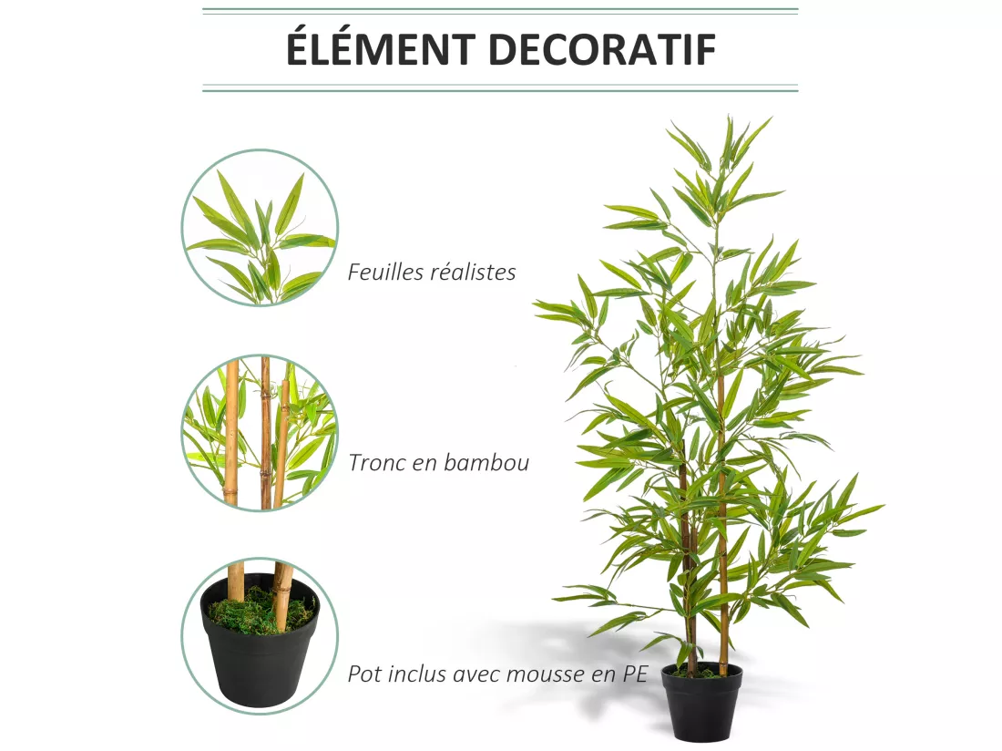 Bambous artificiels 1,20H m - lot de 2 bambous artificiels - 369 feuilles réalistes par bambou avec vrais troncs - pot inclus noir vert